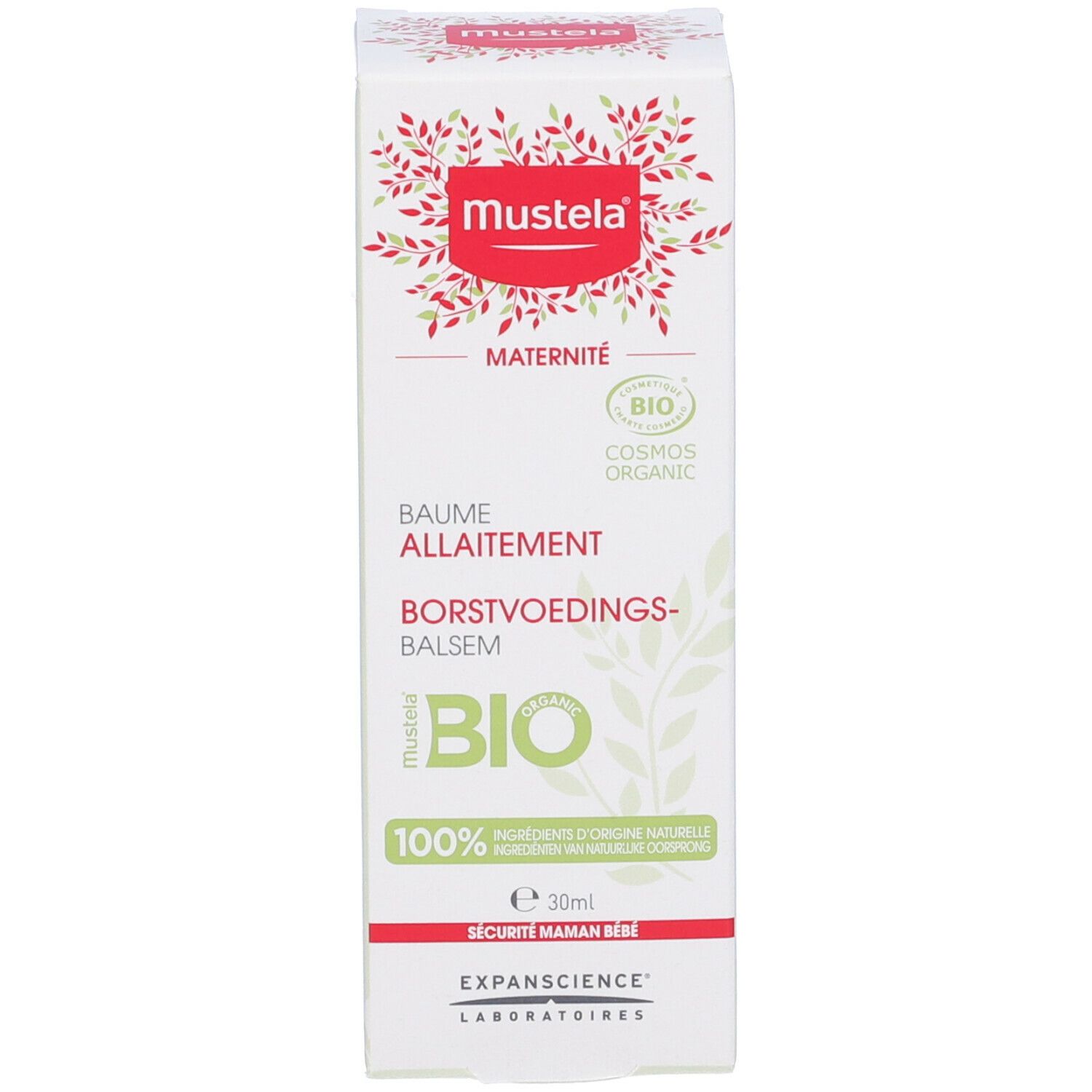 Confezione bianca con logo rosso. Testo: Baume Allaitement, BIO. 100% ingredienti di origine naturale. 30ml.