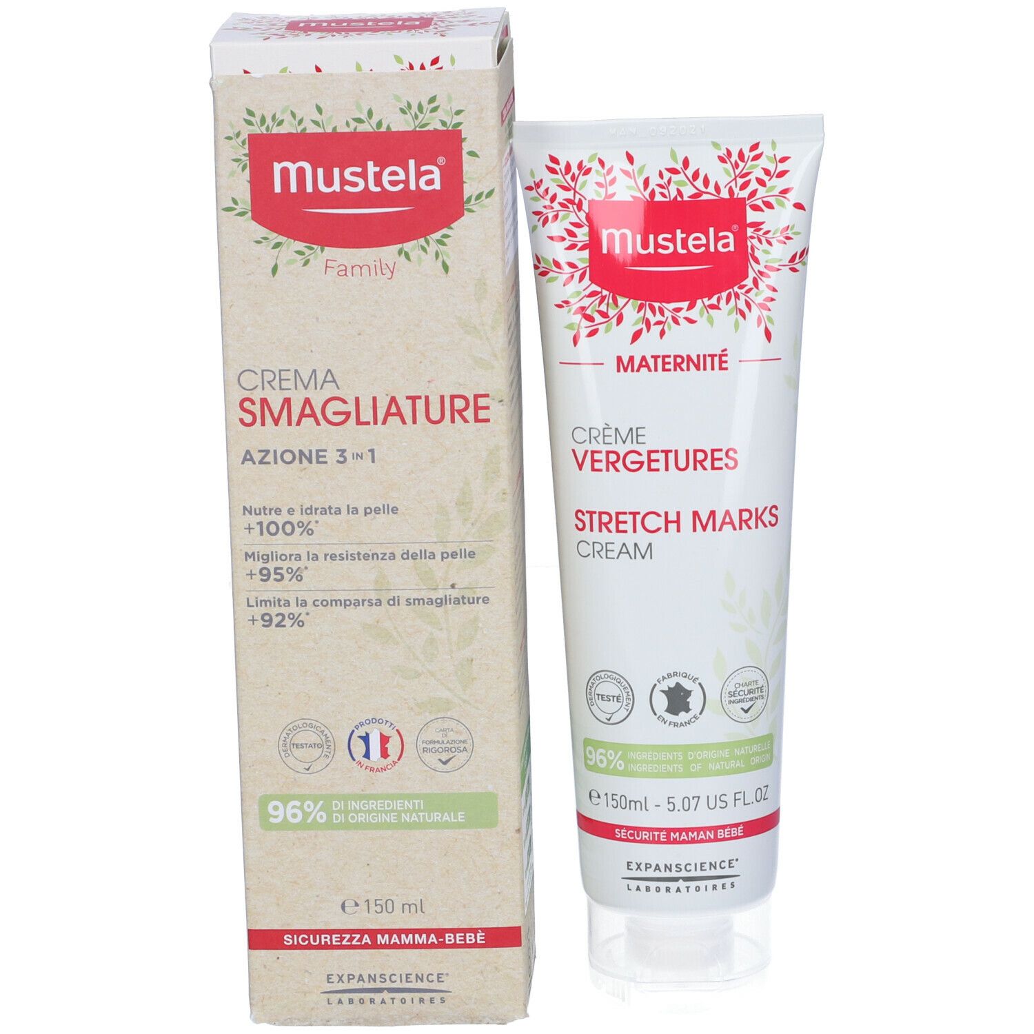 Crema Mustela per smagliature e confezione. Tubo e scatola. Contiene il 96% di ingredienti di origine naturale.