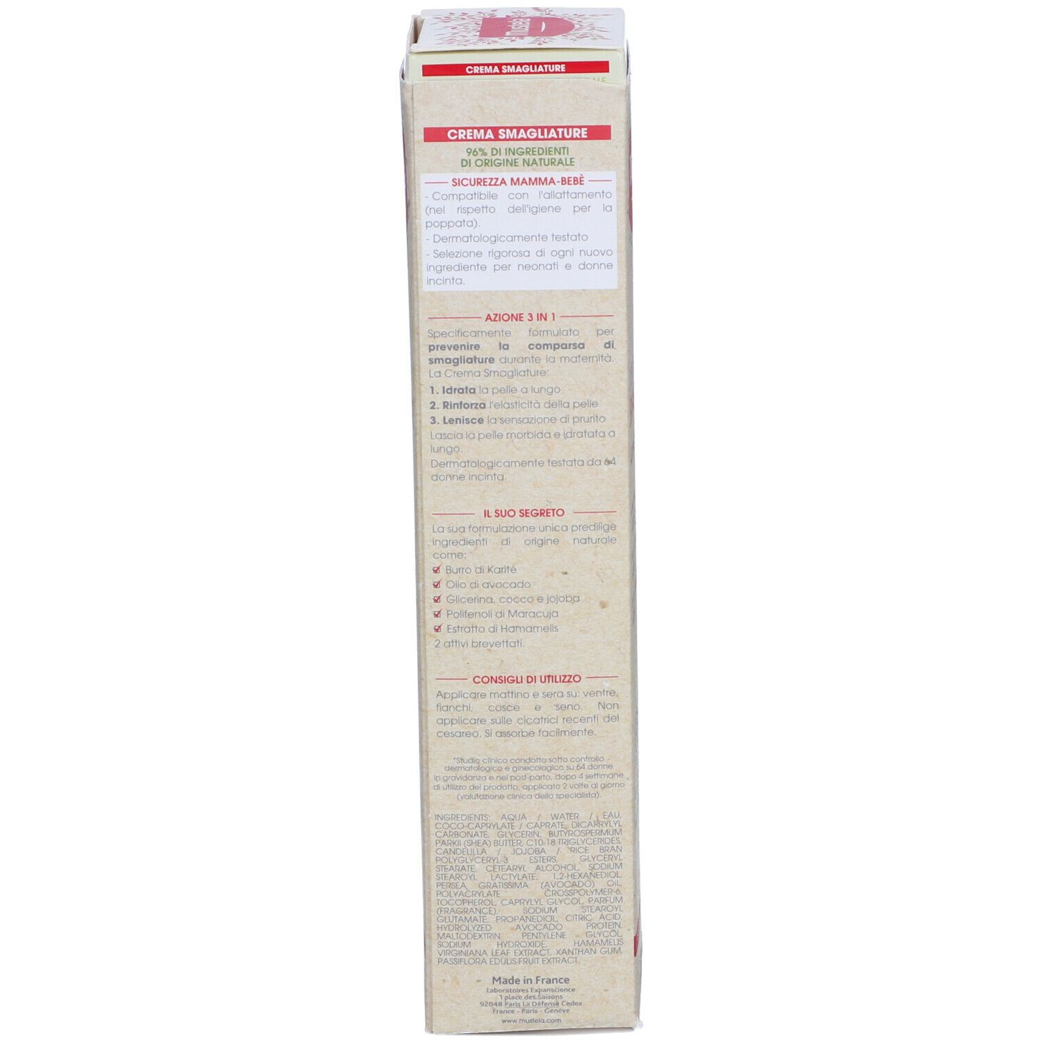 Confezione della crema Mustela per smagliature. Testo multilingue. Informazioni sull'uso e sugli ingredienti.