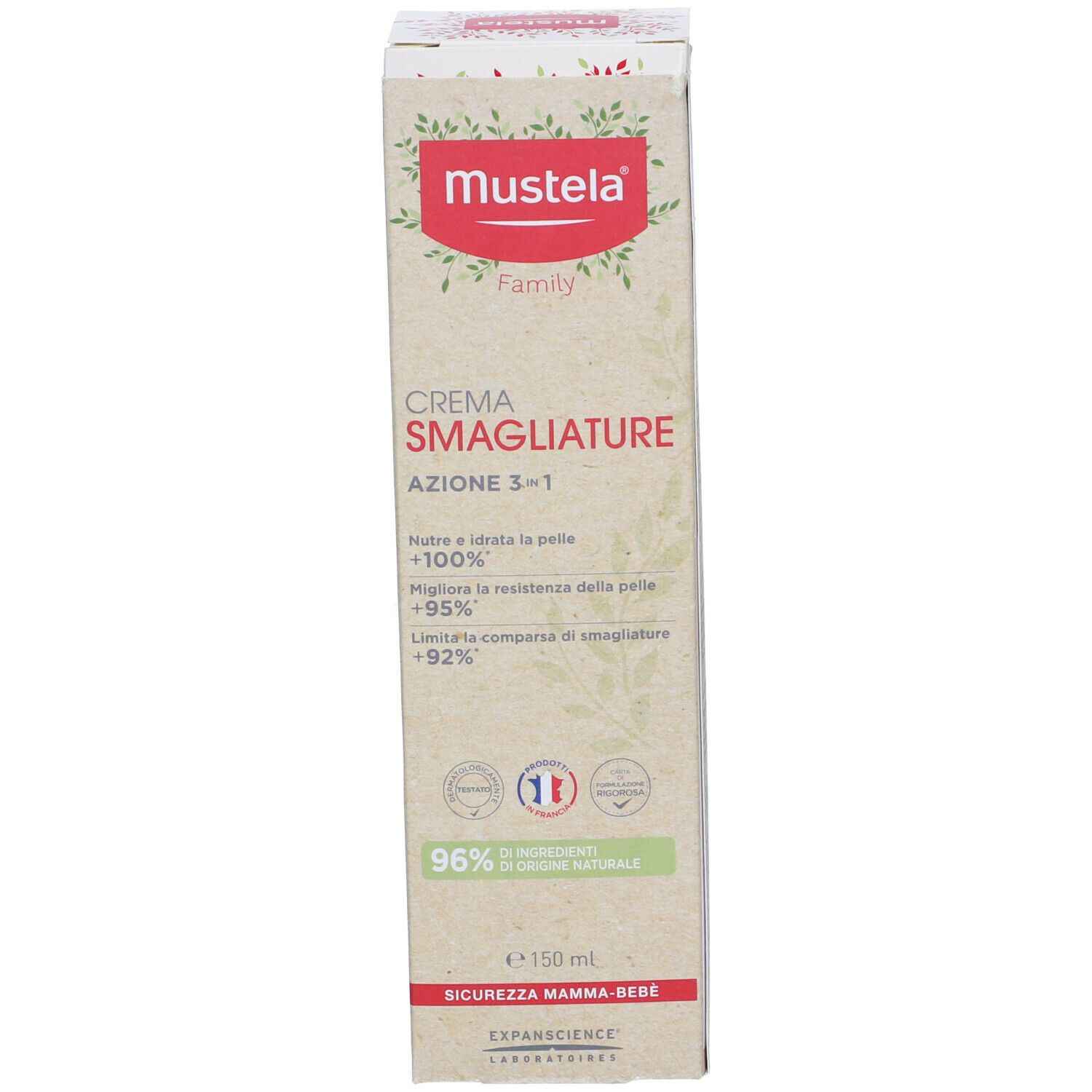 Confezione della crema Mustela per smagliature. Contiene il 96% di ingredienti di origine naturale. Logo famiglia.