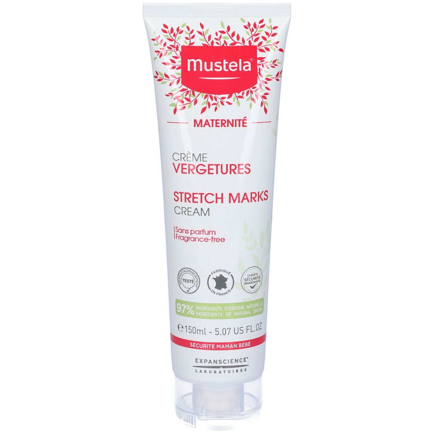 Mustela Crema Vergeture. Tubo bianco. Contiene il 97% di ingredienti naturali. Senza profumo.
