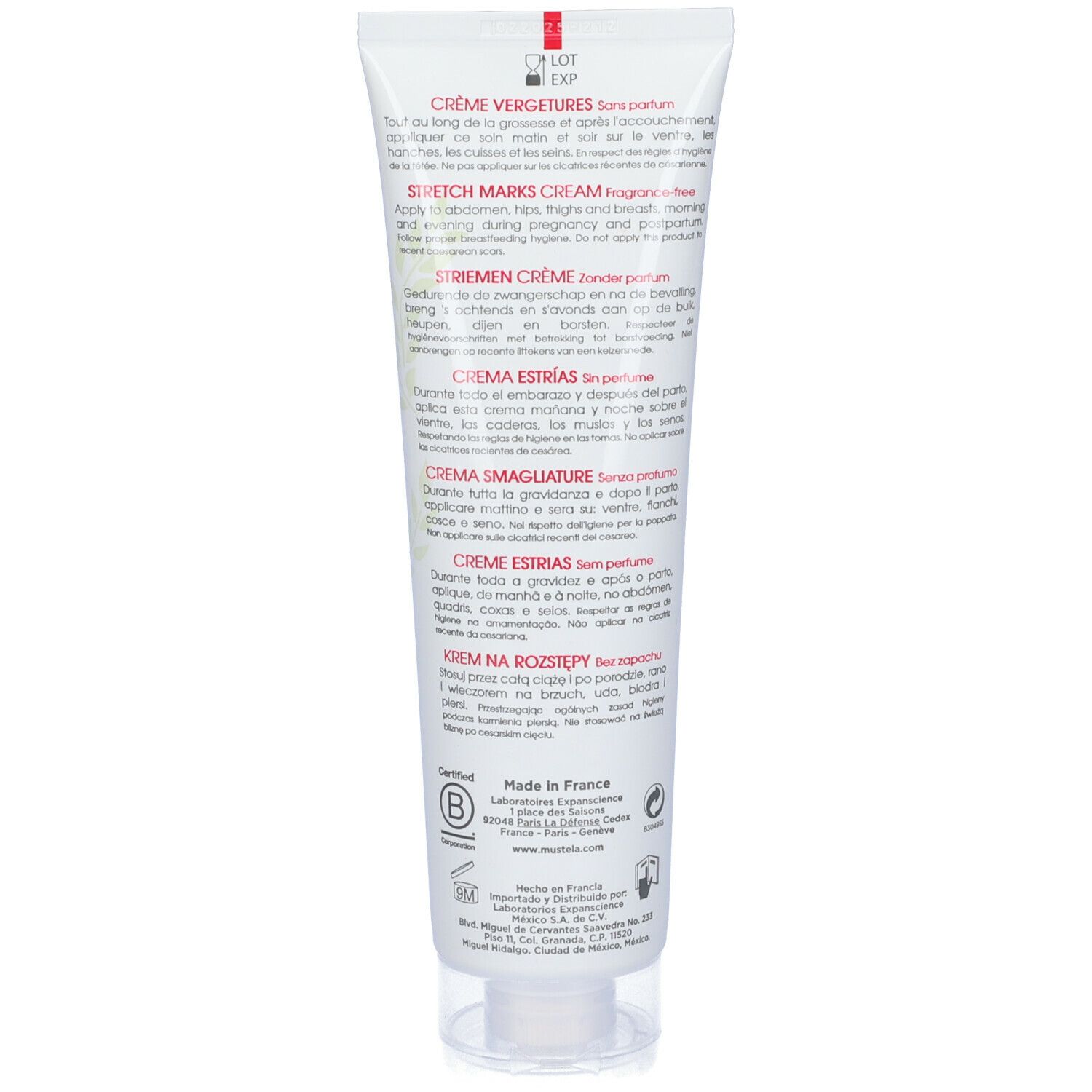 Retro della crema Mustela Vergeture. Testo multilingue. Senza profumo.