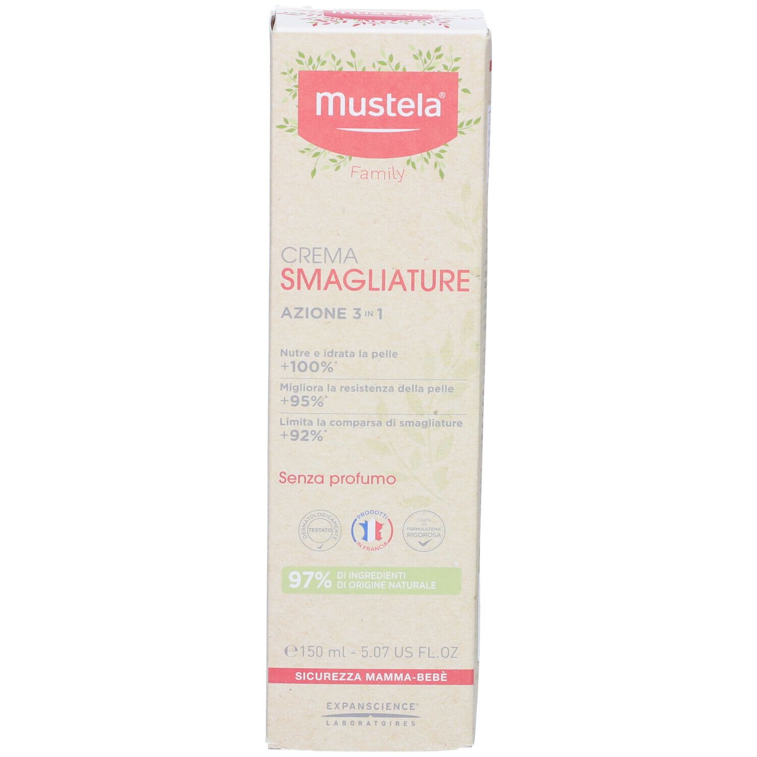 Mustela Crema Smagliature, azione 3 in 1. Confezione in cartone. Contiene il 97% di ingredienti naturali. Senza profumo.