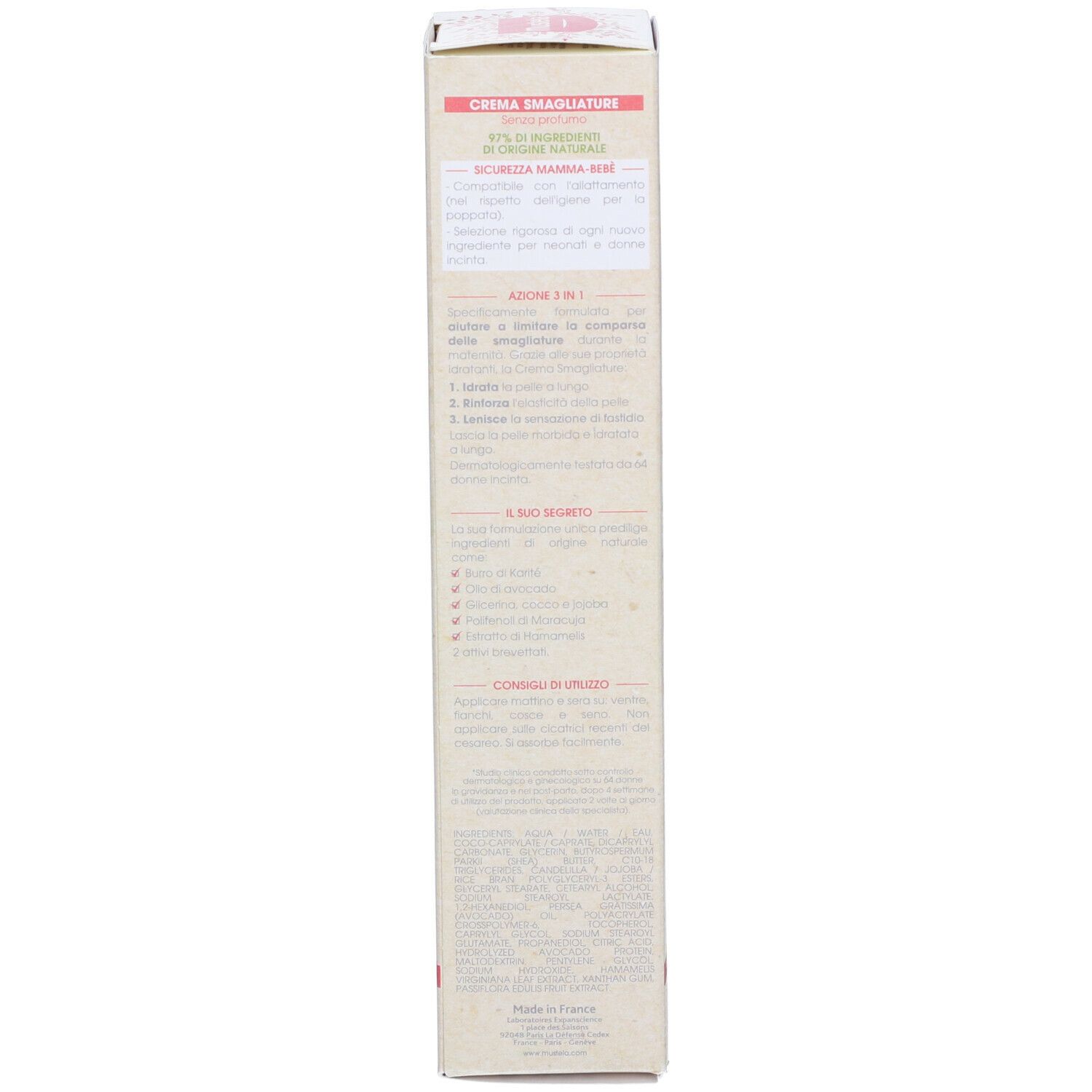Lato della confezione Mustela Crema Smagliature. Testo con informazioni sul prodotto. Senza profumo.