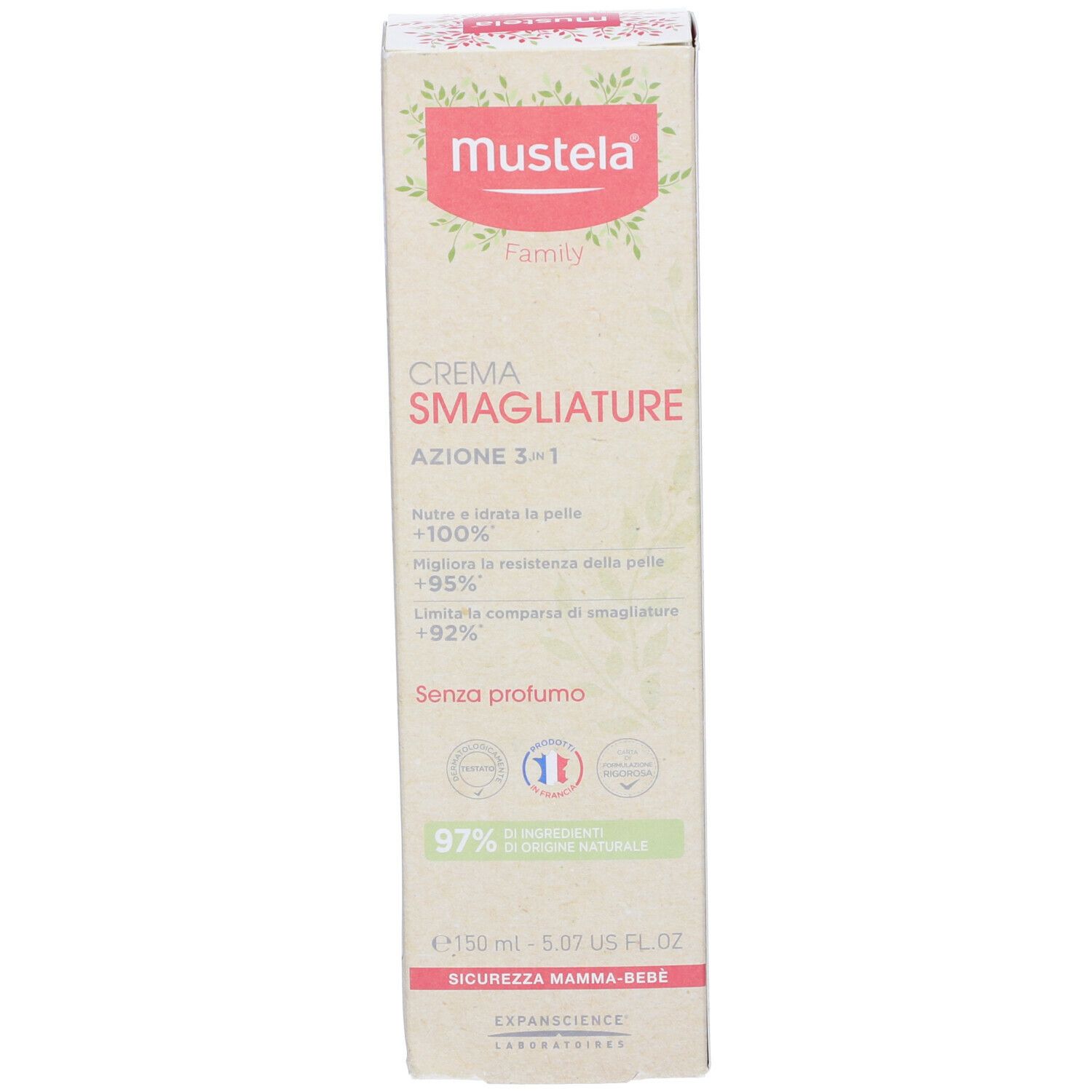 Mustela Crema Smagliature, azione 3 in 1. Confezione in cartone. Contiene il 97% di ingredienti naturali. Senza profumo.