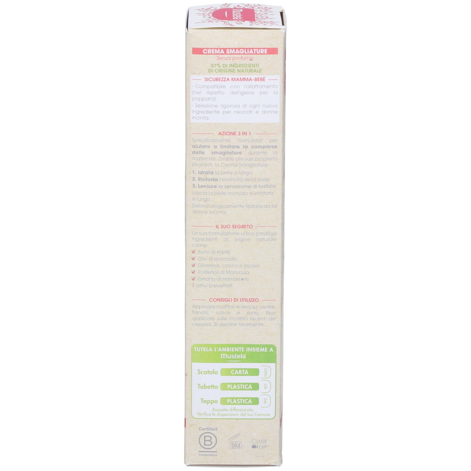 Lato della confezione Mustela Crema Smagliature. Testo con informazioni sul prodotto. Senza profumo.