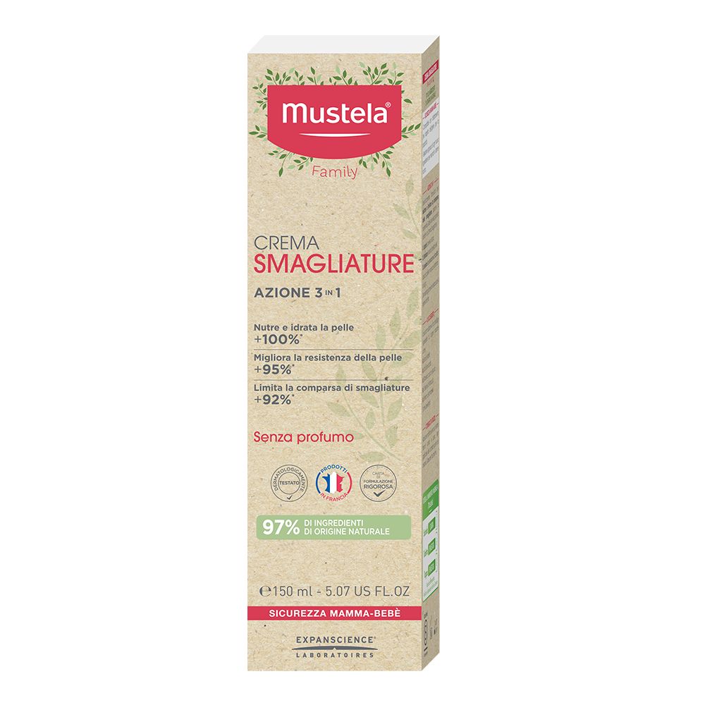 Mustela Crema Smagliature, azione 3 in 1. Confezione in cartone. Contiene il 97% di ingredienti naturali. Senza profumo.