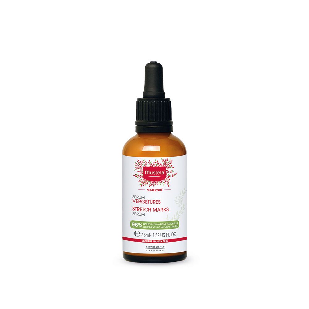 Flacone di vetro marrone con contagocce nero. Etichetta: Serum Vergetures Stretch Marks. 96% ingredienti di origine naturale.