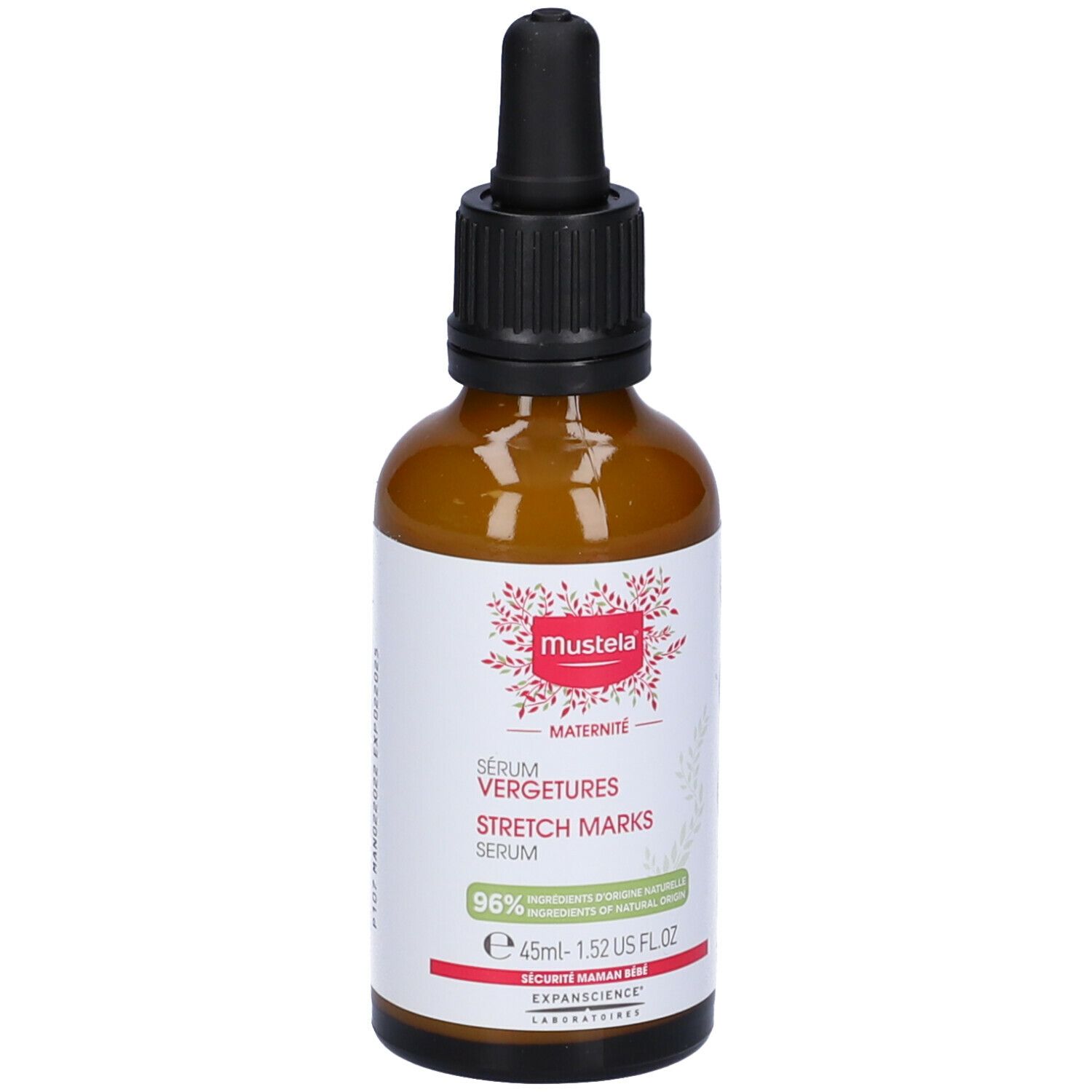 Flacone di vetro marrone con contagocce nero. Etichetta: Serum Vergetures Stretch Marks. 96% ingredienti di origine naturale.