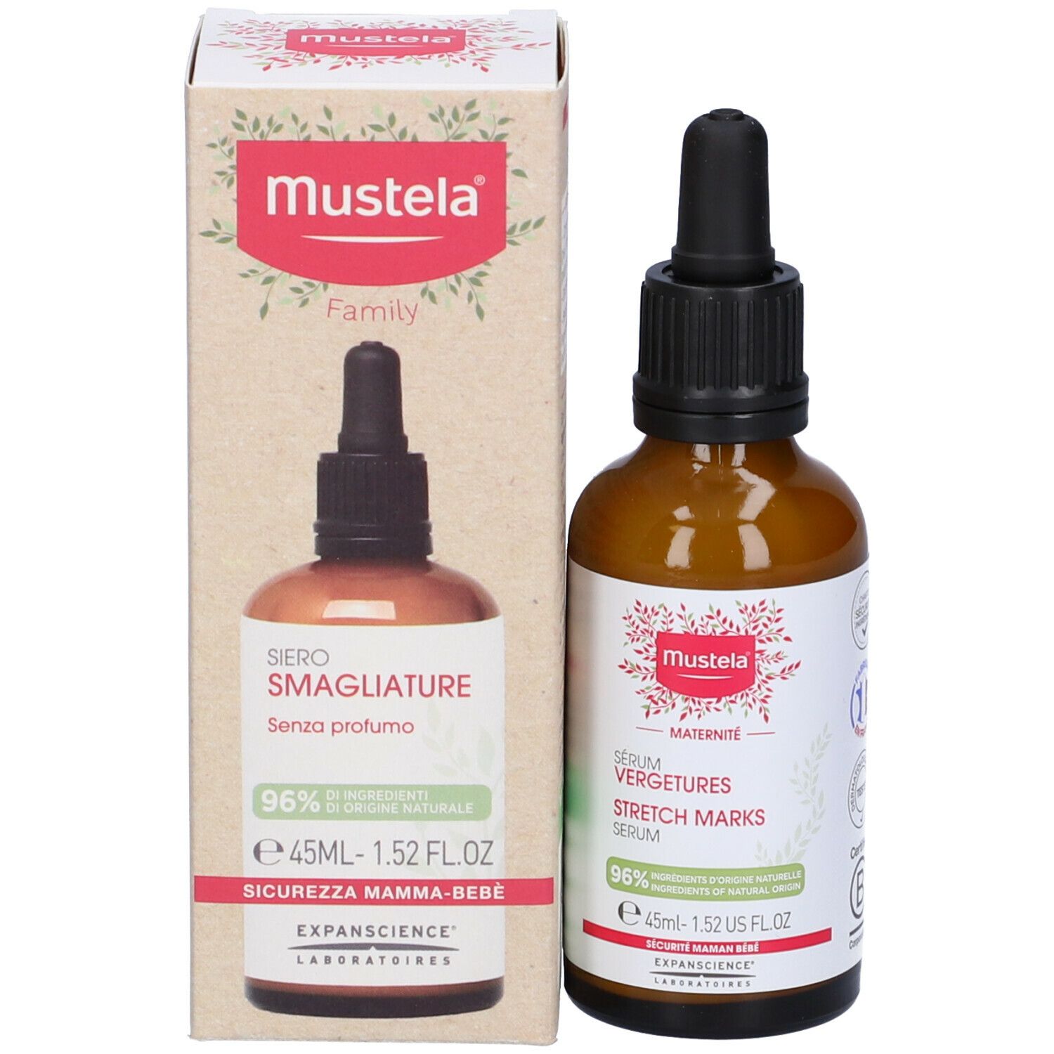 Flacone di vetro marrone con contagocce nero e scatola. Scatola: Siero smagliature. Senza profumo. 96% ingredienti naturali.