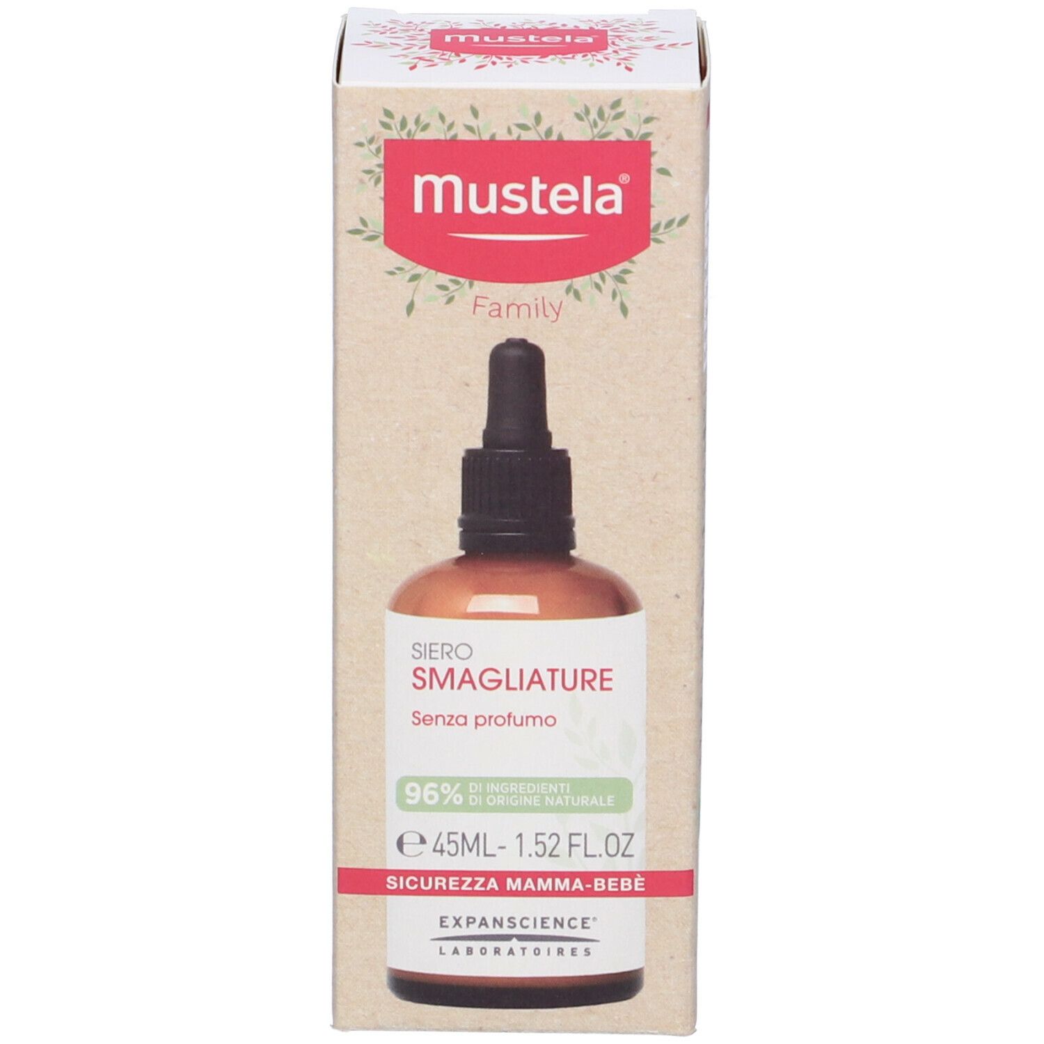 Scatola con testo: Siero smagliature. Senza profumo. 96% ingredienti naturali. Flacone con contagocce visibile.
