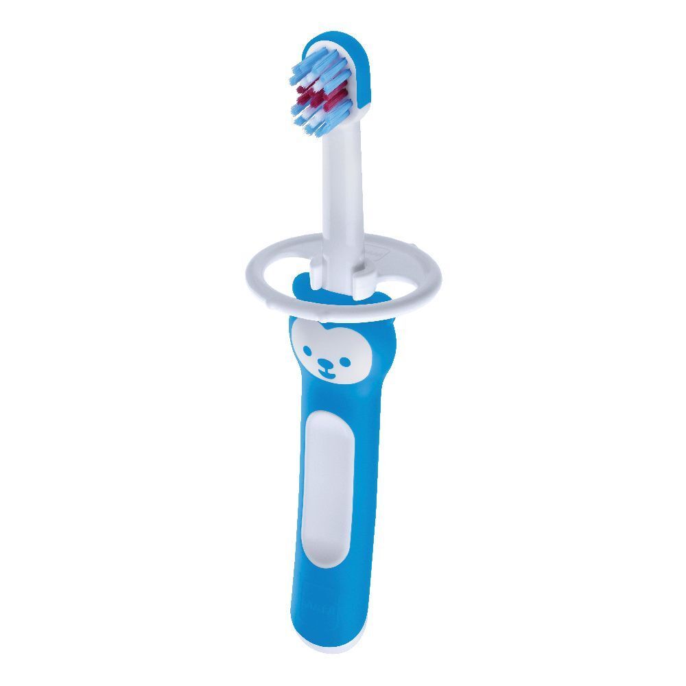 Spazzolino blu per bambini con manico bianco e testina blu e bianca. Con impugnatura rotonda.