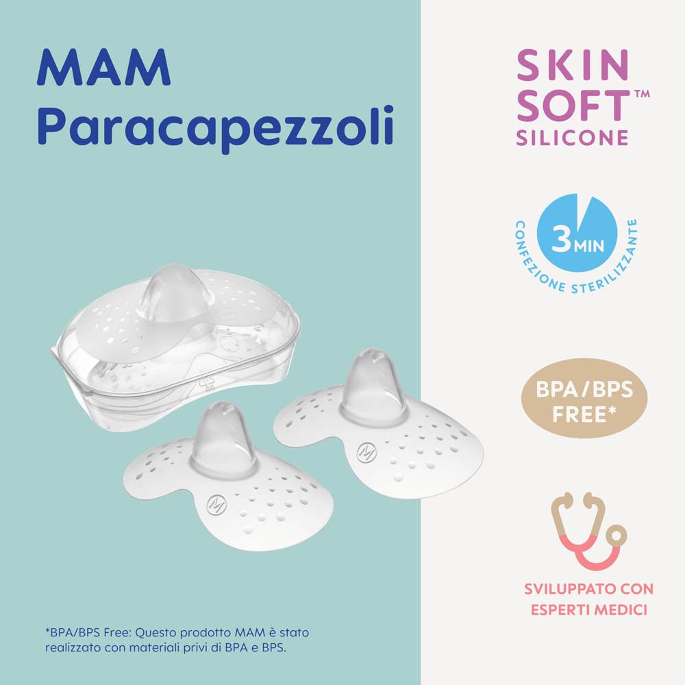 Ein Baby trinkt aus einer MAM-Flasche. "Skin Soft Silicone" und "94% Akzeptanz" sind angegeben.