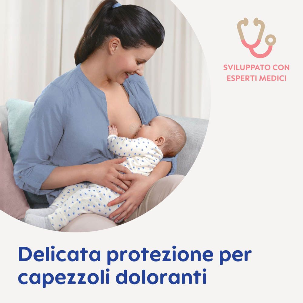 Frau stillt Baby. Text: "Delicata protezione per capezzoli doloranti". Stethoskop-Symbol mit Text: "Sviluppato con esperti medici".