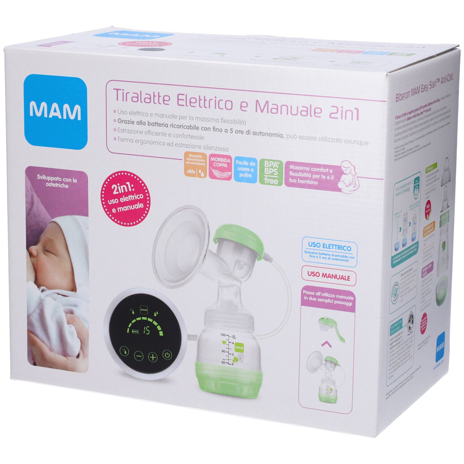 Scatola MAM Tiralatte Elettrico e Manuale 2in1. Immagine del prodotto con pompa elettrica e manuale. Bambino sulla confezione.