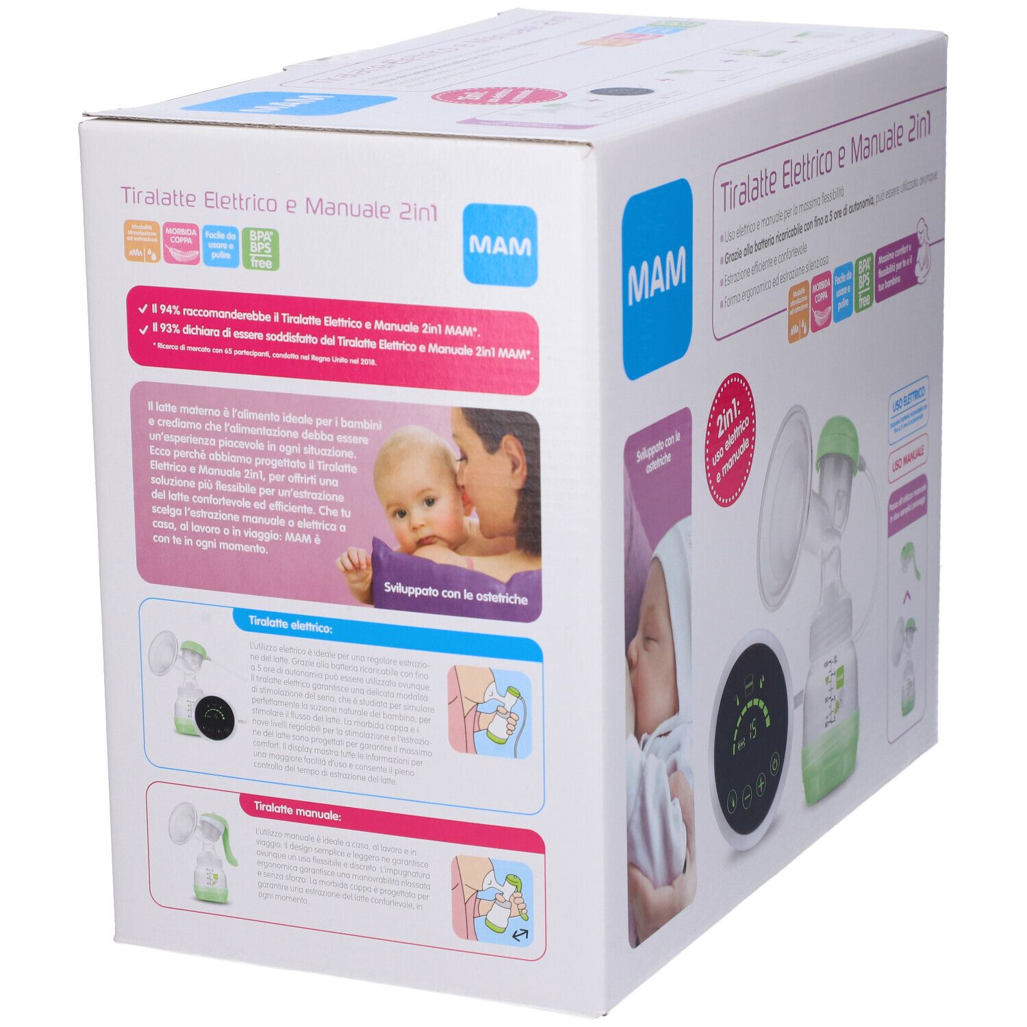 Scatola MAM Tiralatte Elettrico e Manuale 2in1. Immagine del prodotto con pompa elettrica e manuale. Bambino e madre sulla confezione.