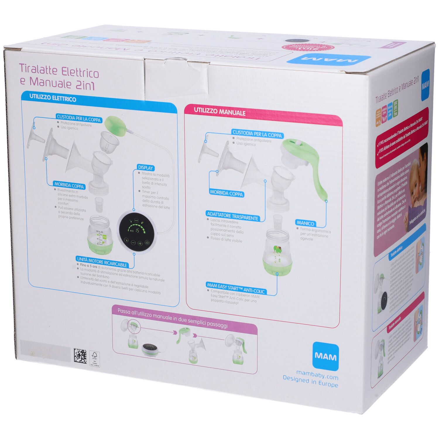 Scatola MAM Tiralatte Elettrico e Manuale 2in1. Illustrazioni della pompa elettrica e manuale. Immagine del prodotto con accessori.