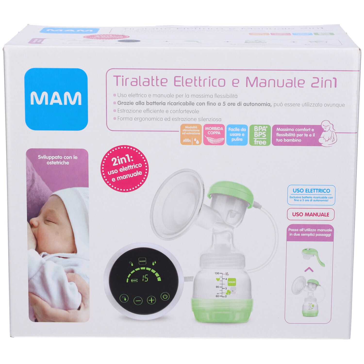 Scatola MAM Tiralatte Elettrico e Manuale 2in1. Immagine del prodotto con pompa elettrica e manuale. Bambino sulla confezione.