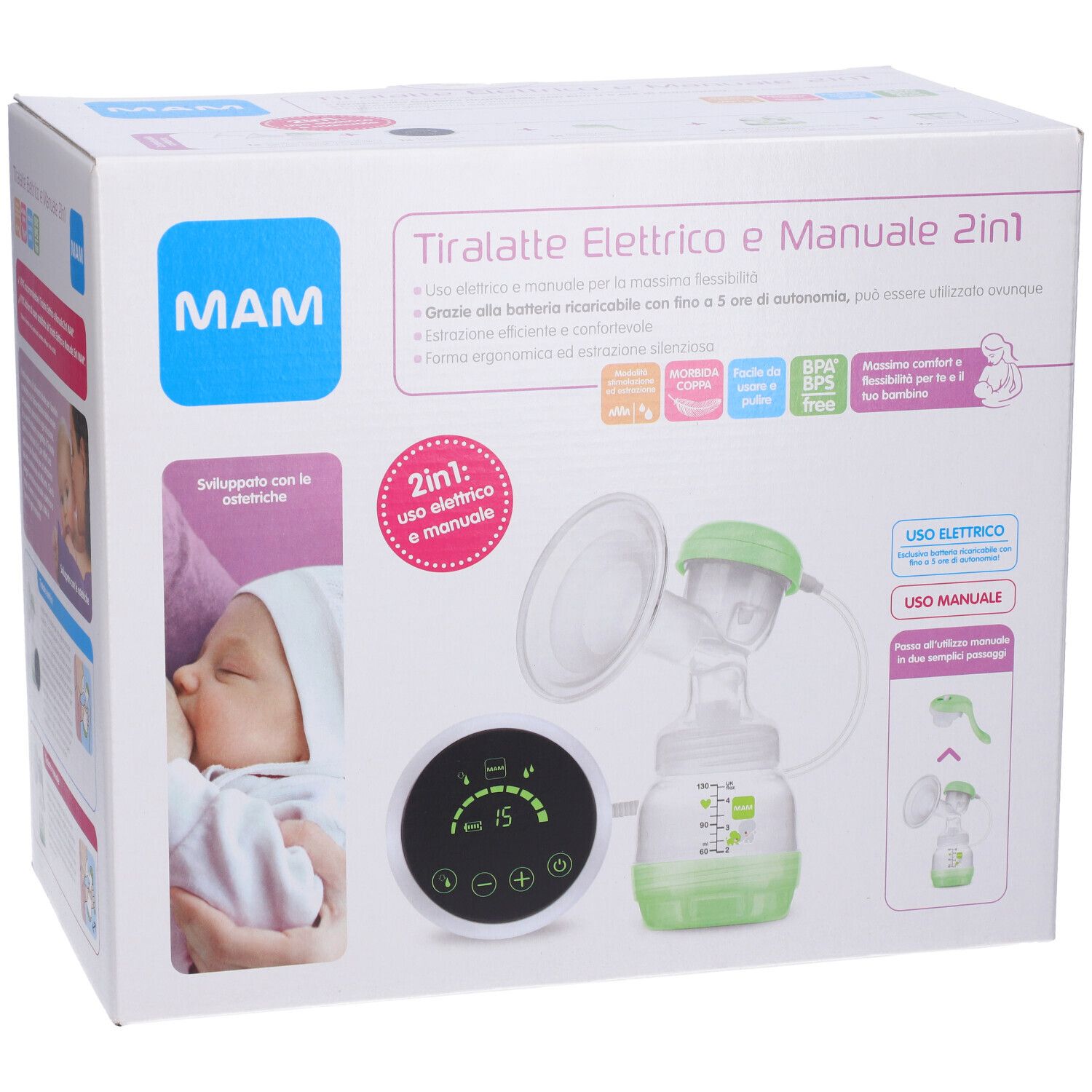 Scatola MAM Tiralatte Elettrico e Manuale 2in1. Immagine del prodotto con pompa elettrica e manuale. Bambino sulla confezione.