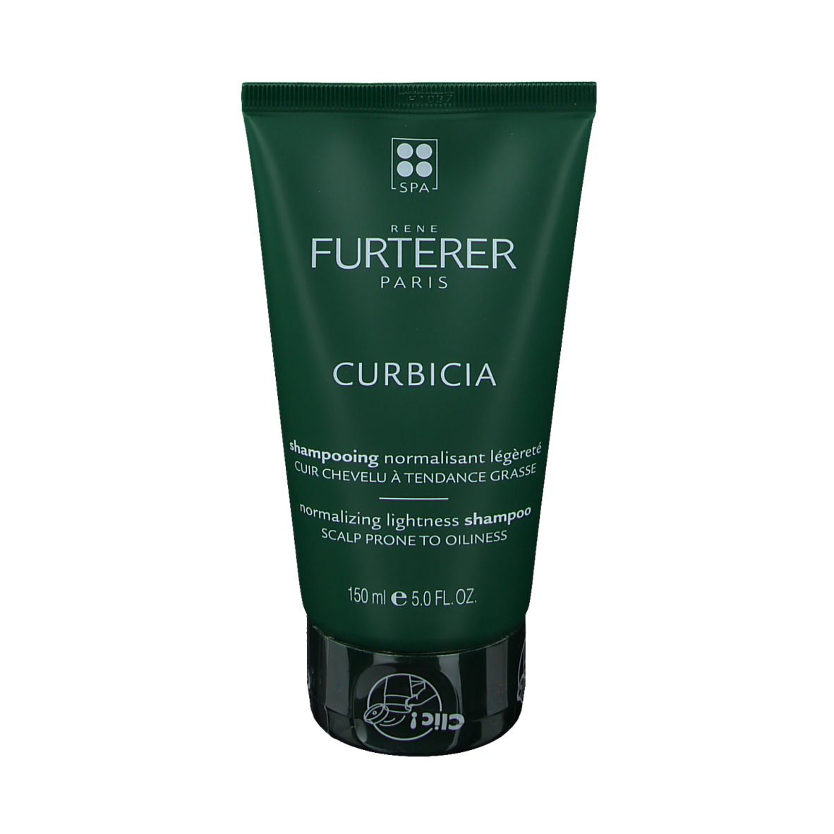 Tube vert avec bouchon noir. Haut: René Furterer Paris. Milieu: Curbicia. Bas: Texte en français et anglais. 150 ml.