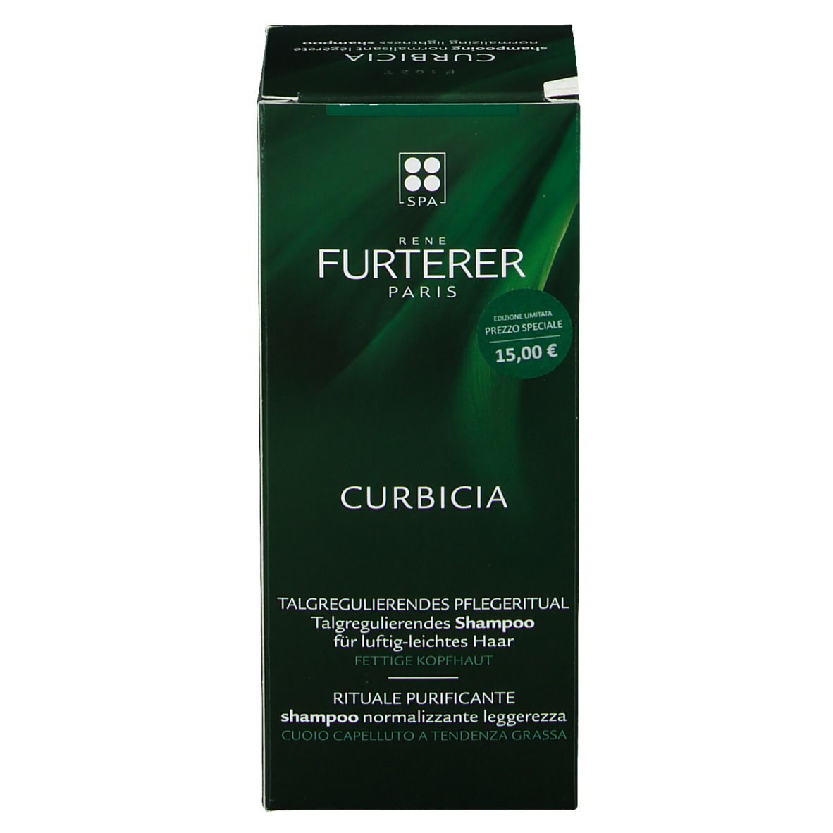 Boîte verte avec texte blanc. Haut: Curbicia. Milieu: René Furterer Paris. Bas: Nom du produit en plusieurs langues. Étiquette prix.