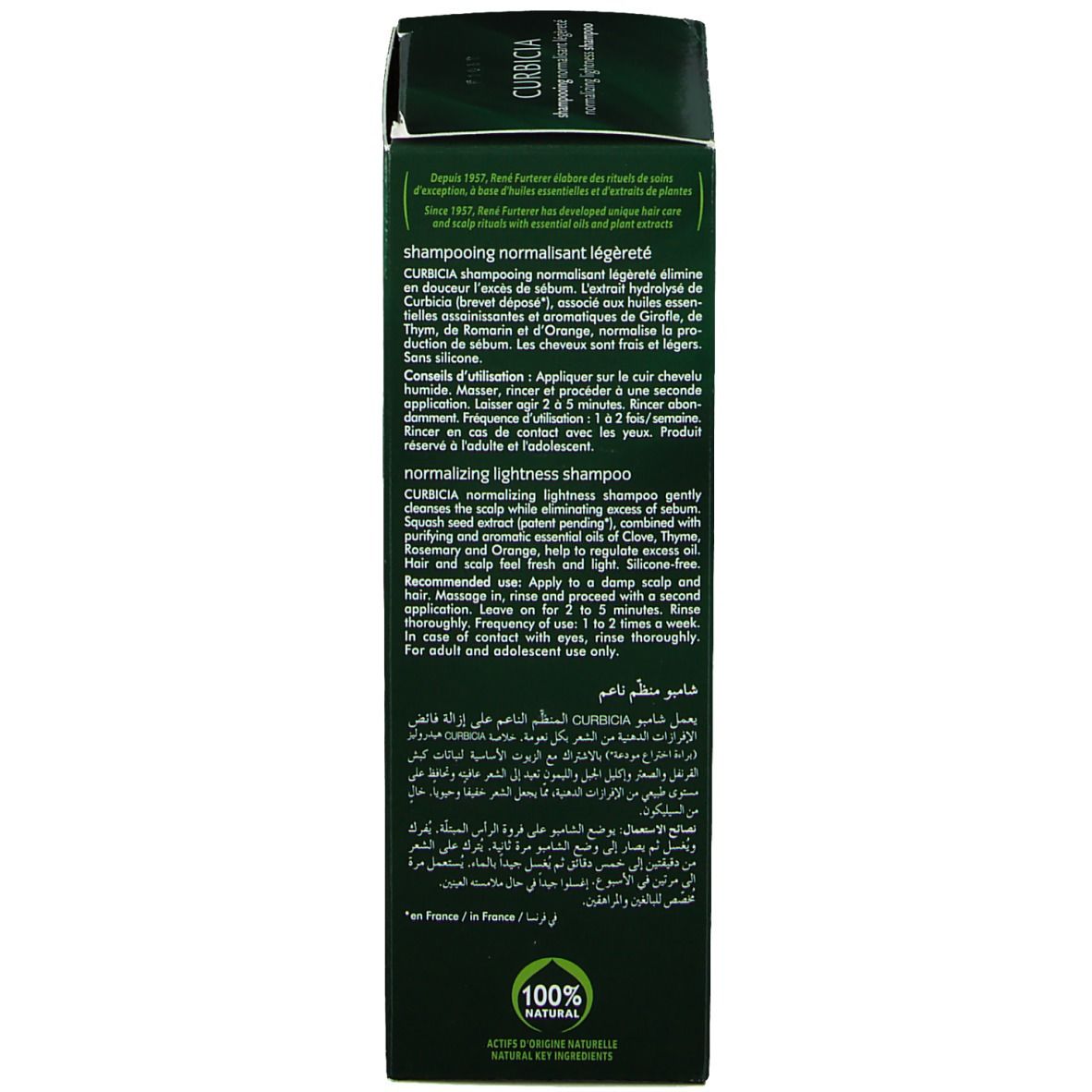 Dos d'une boîte verte. Texte en plusieurs langues. Haut: Description du produit. Bas: Informations fabricant et certification.