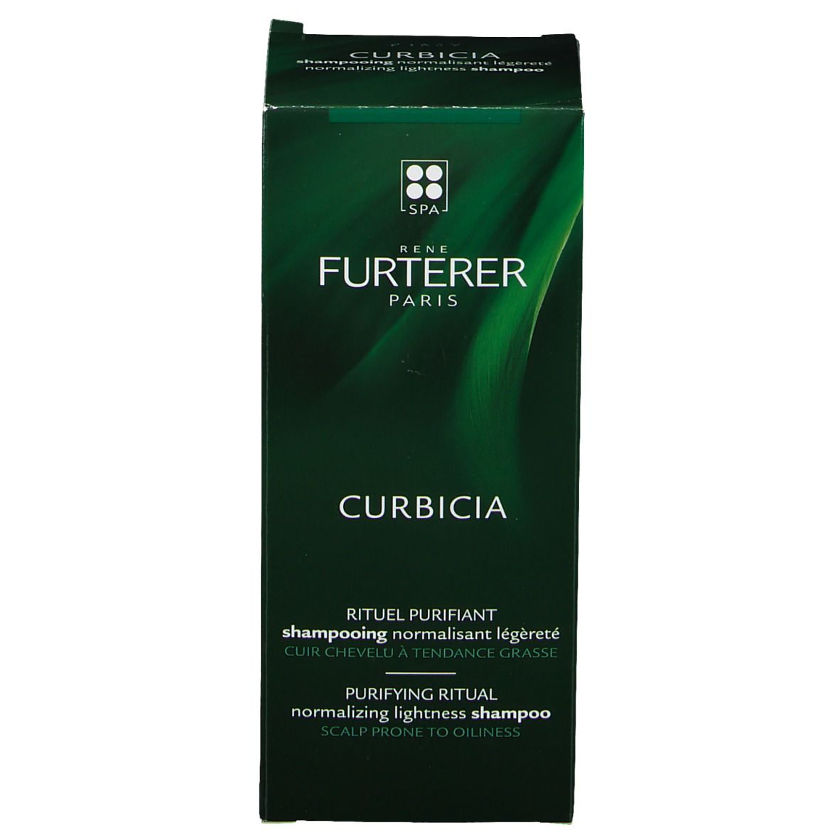 Boîte verte. Haut: Curbicia. Milieu: René Furterer Paris. Bas: Nom du produit en plusieurs langues.