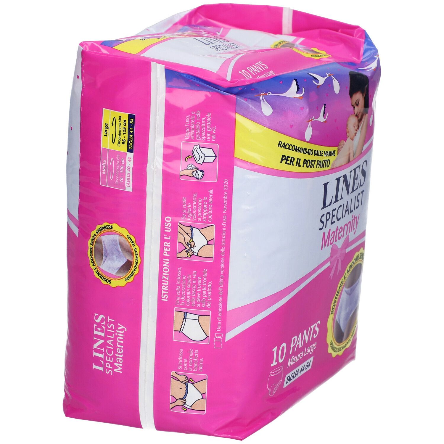 Vista laterale della confezione rosa 'LINES SPECIALIST Maternity'. Istruzioni e informazioni prodotto. Taglia Large, 10 Pants.