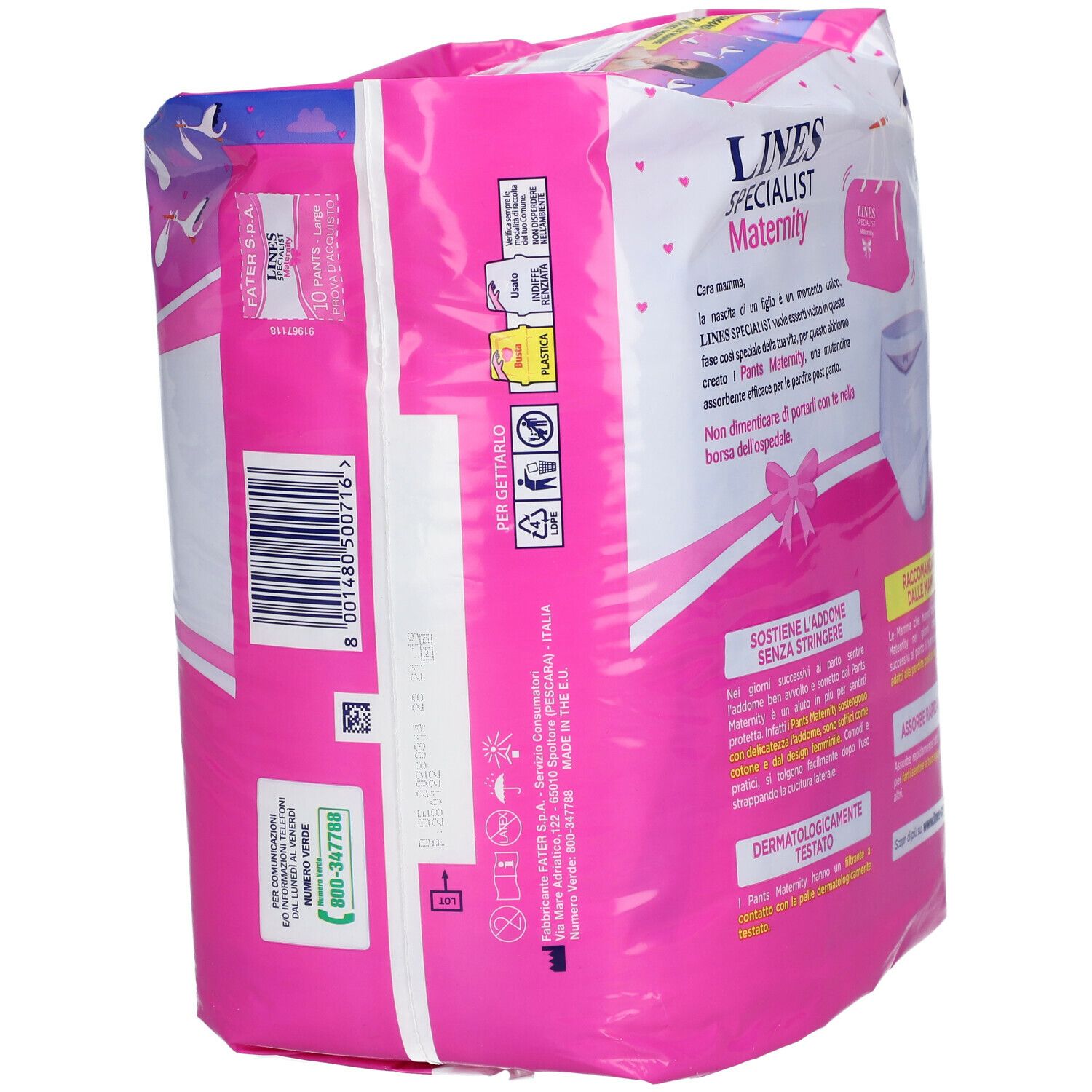 Retro della confezione rosa 'LINES SPECIALIST Maternity'. Informazioni prodotto, codice a barre e contatti.
