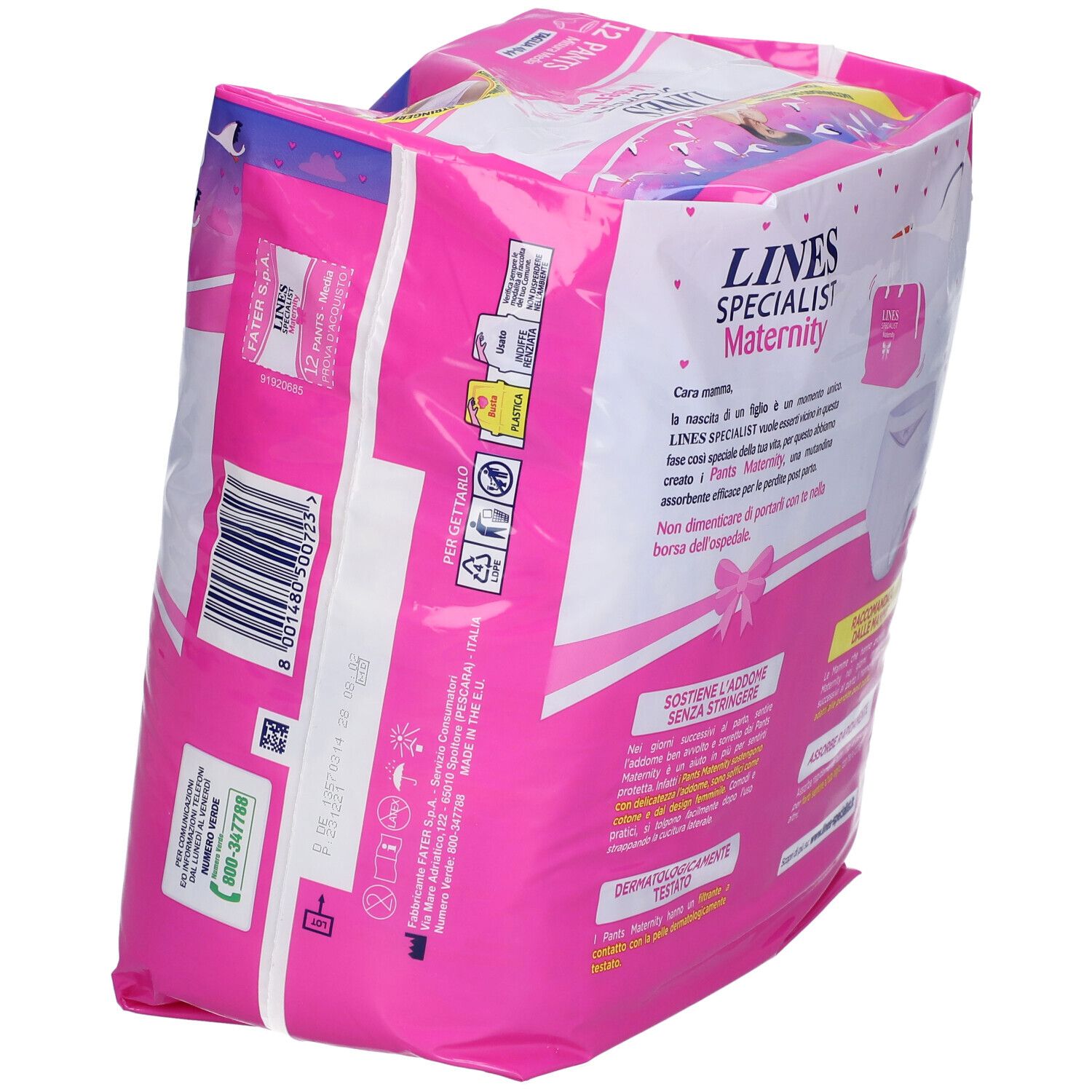 Confezione rosa LINES SPECIALIST Maternity. Testo e informazioni prodotto. Retro.