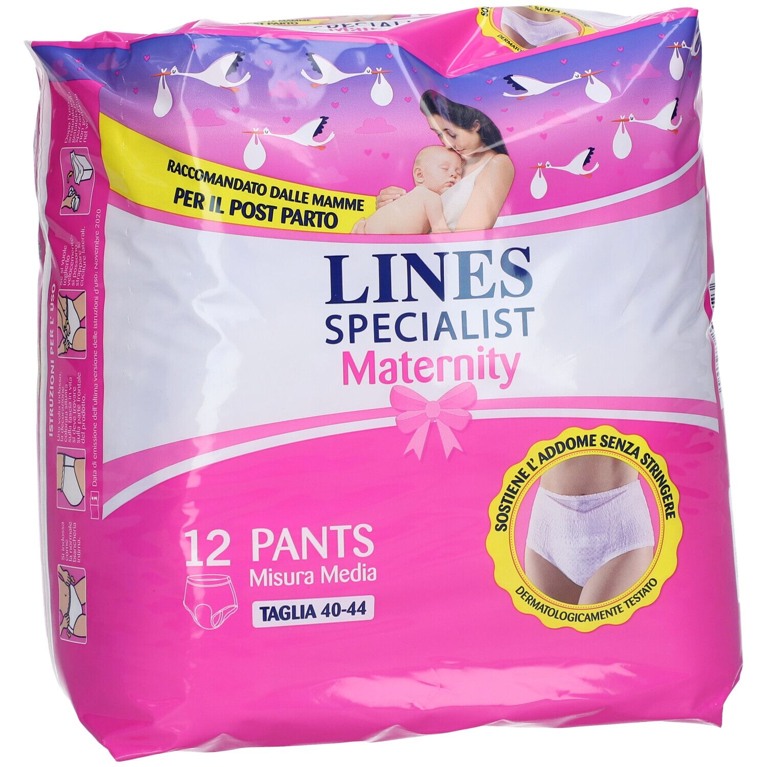 Confezione rosa LINES SPECIALIST Maternity. 12 Pants, taglia M. Immagine madre e bambino.