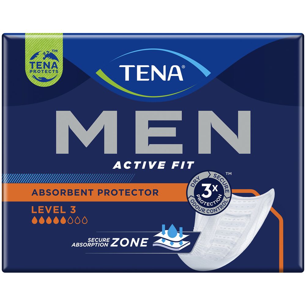 TENA MEN Active Fit, Livello 3. Confezione blu con immagine del prodotto. Logo e nome del prodotto ben visibili.