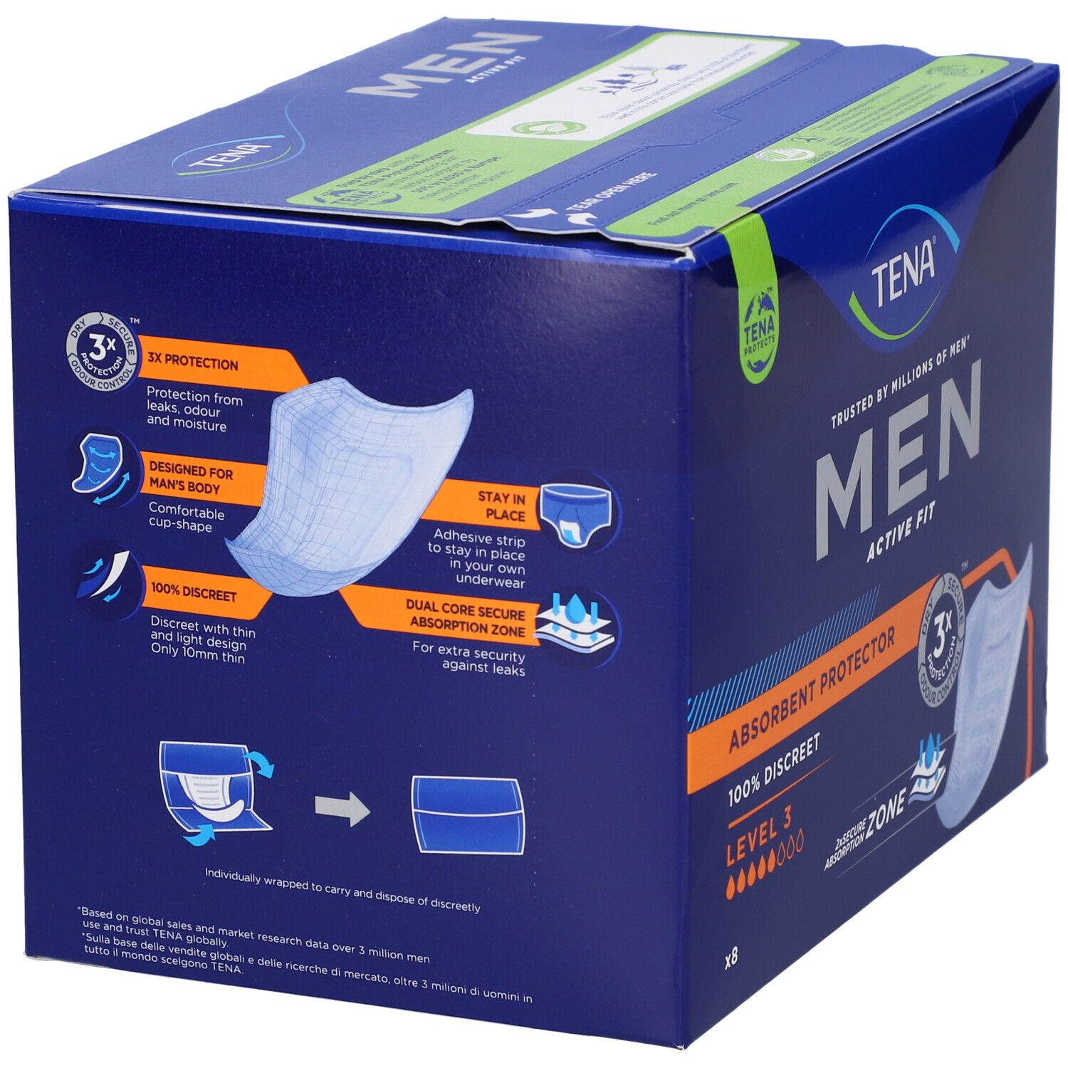 TENA MEN Active Fit, Livello 3. Confezione in cartone con immagine e informazioni. Dettagli sull'assorbenza e vestibilità.