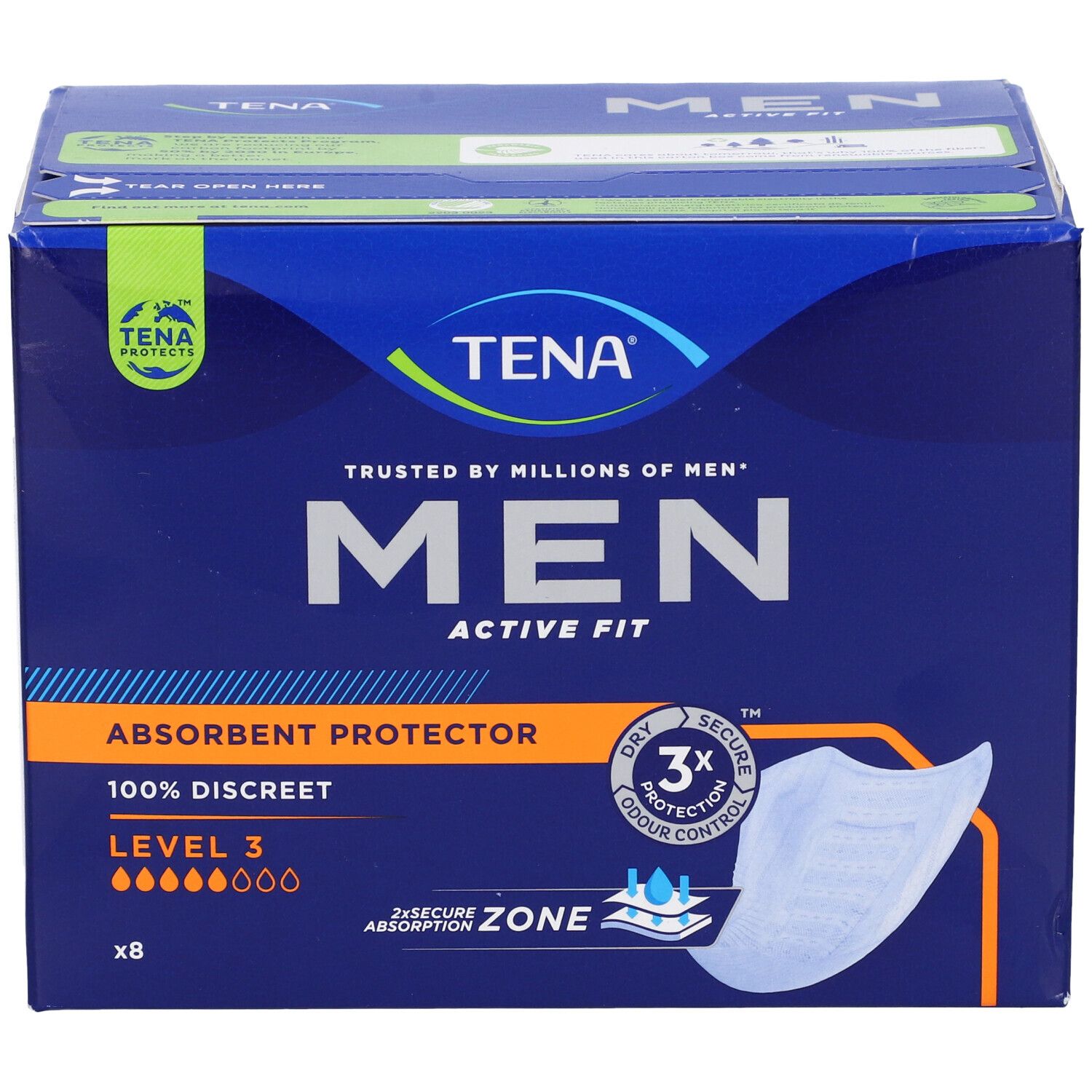 TENA MEN Active Fit, Livello 3. Confezione in cartone con immagine del prodotto. Contiene 8 pezzi. Logo e nome.