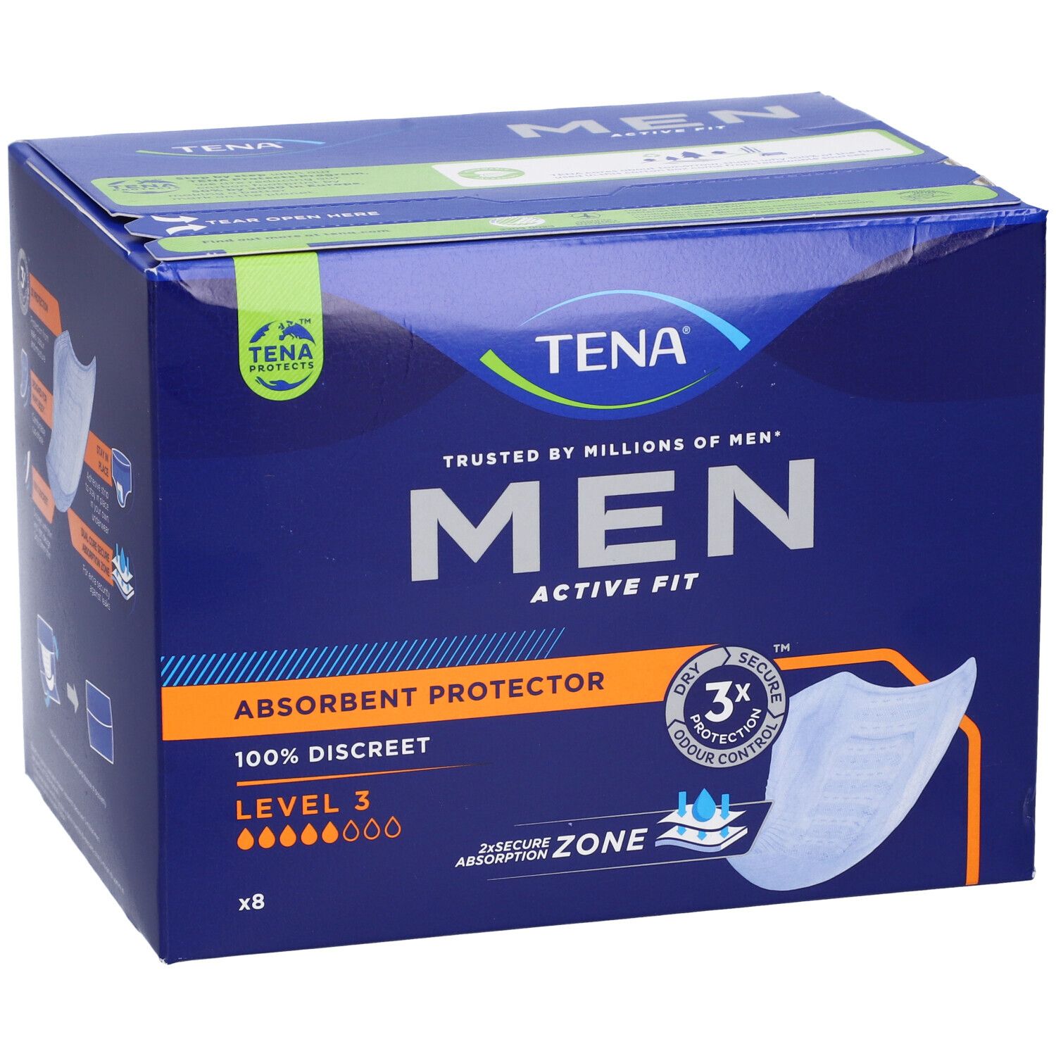 TENA MEN Active Fit, Livello 3. Confezione in cartone con immagine del prodotto. Contiene 8 pezzi. Logo e nome.