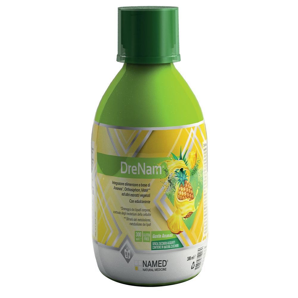 Bottiglia verde e gialla con il nome del prodotto Drenam. Scritta: Integratore alimentare a base di ananas. NAMED Natural Medicine.