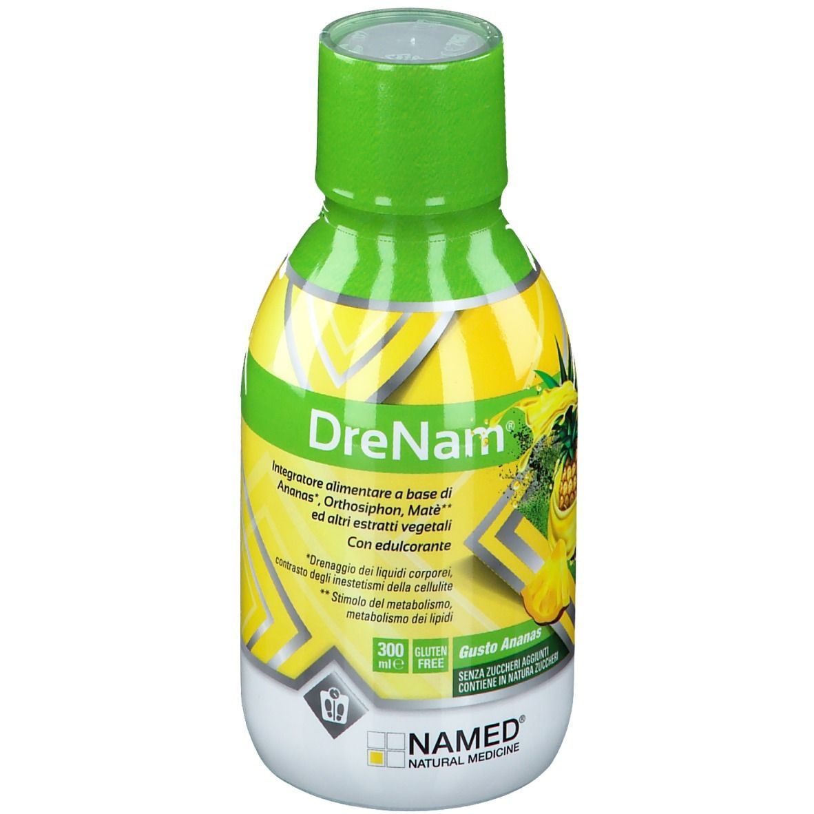 Bottiglia verde e gialla con il nome del prodotto Drenam. Scritta: Integratore alimentare a base di ananas. 300 ml. Senza glutine. NAMED Natural Medicine.
