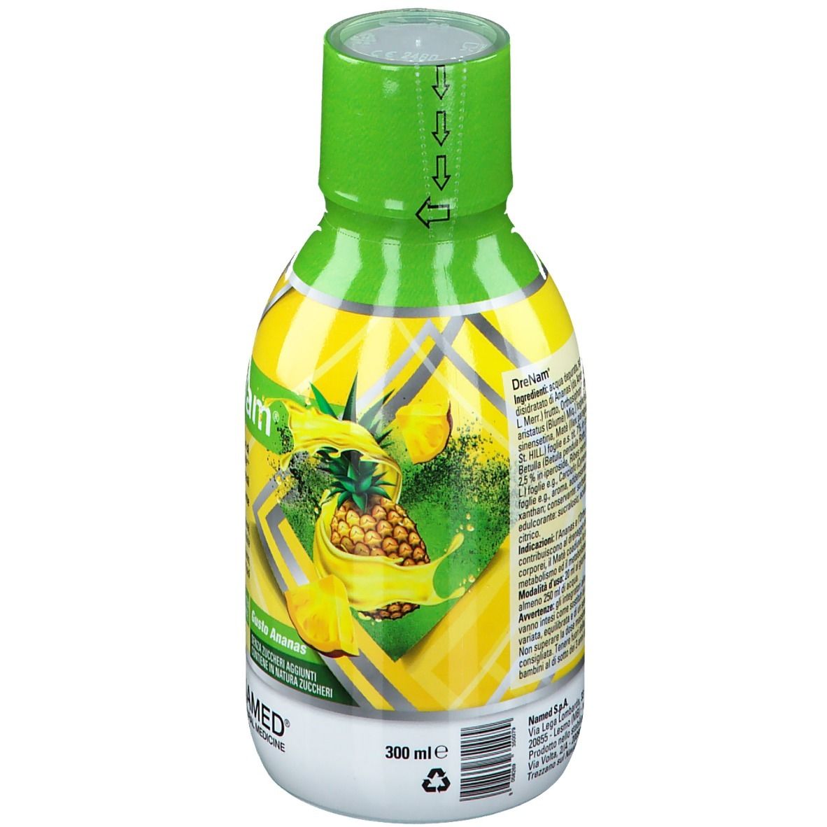 Retro di una bottiglia verde e gialla con il nome del prodotto Drenam. Scritta: 300 ml. NAMED Natural Medicine. Informazioni sul prodotto.