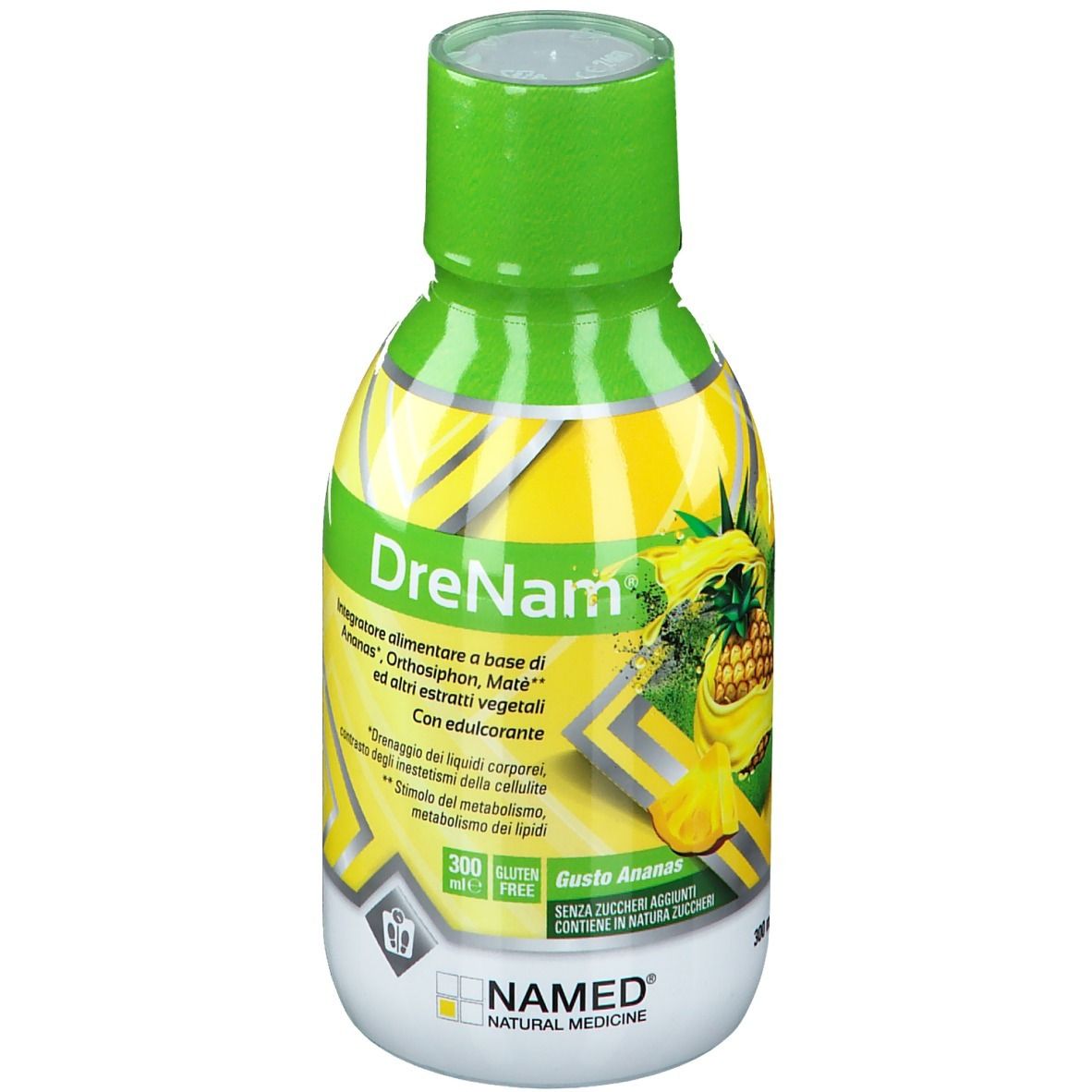 Bottiglia verde e gialla con il nome del prodotto Drenam. Scritta: Integratore alimentare a base di ananas. 300 ml. Senza glutine. NAMED Natural Medicine.