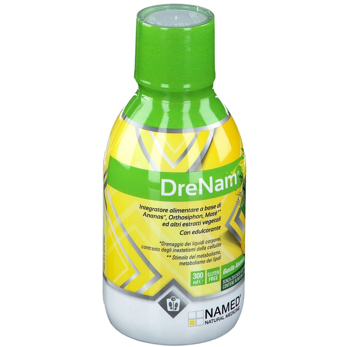 Bottiglia verde e gialla con il nome del prodotto Drenam. Scritta: Integratore alimentare a base di ananas. 300 ml. Senza glutine. NAMED Natural Medicine.