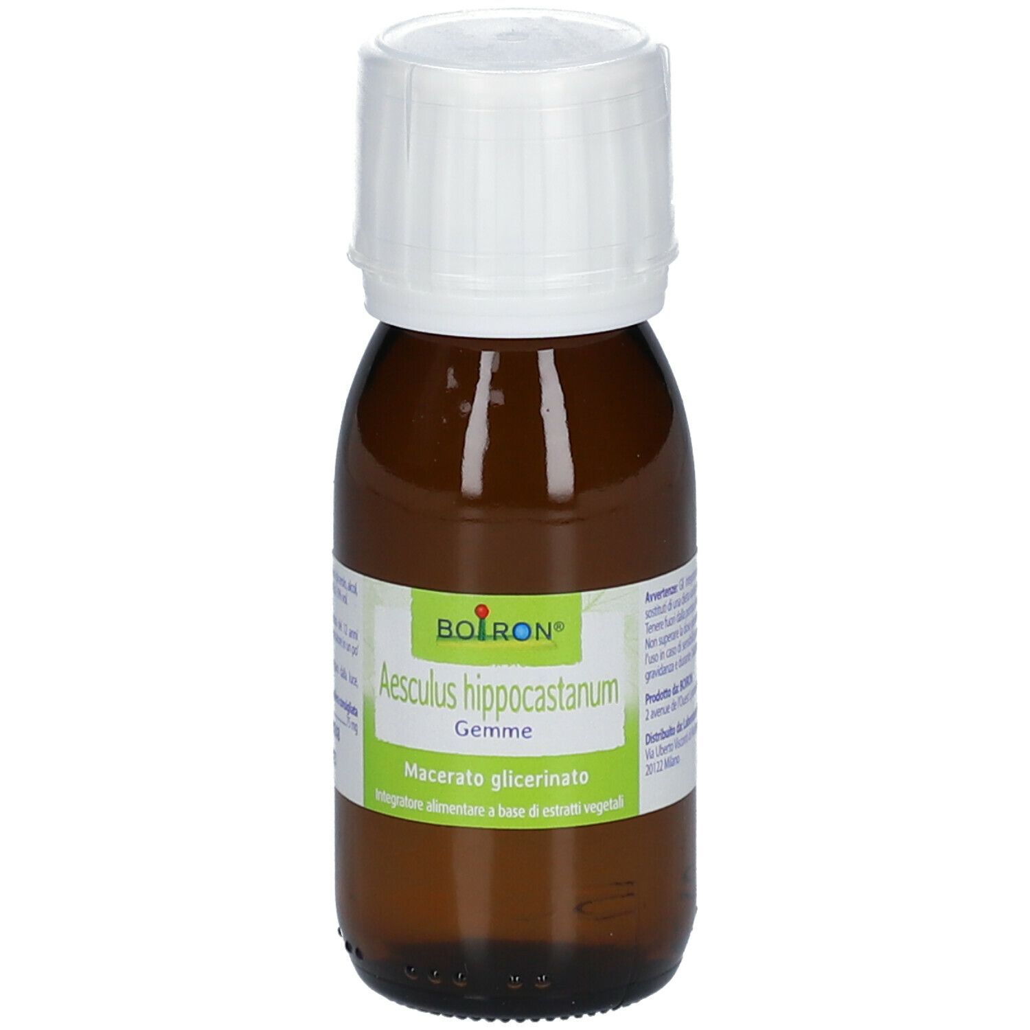 Flacone di vetro marrone con tappo bianco. L'etichetta riporta: Aesculus hippocastanum Gemme.