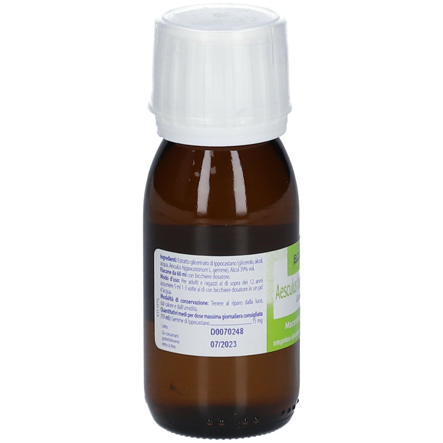 Flacone di vetro marrone con tappo bianco. L'etichetta indica ingredienti e data di scadenza.