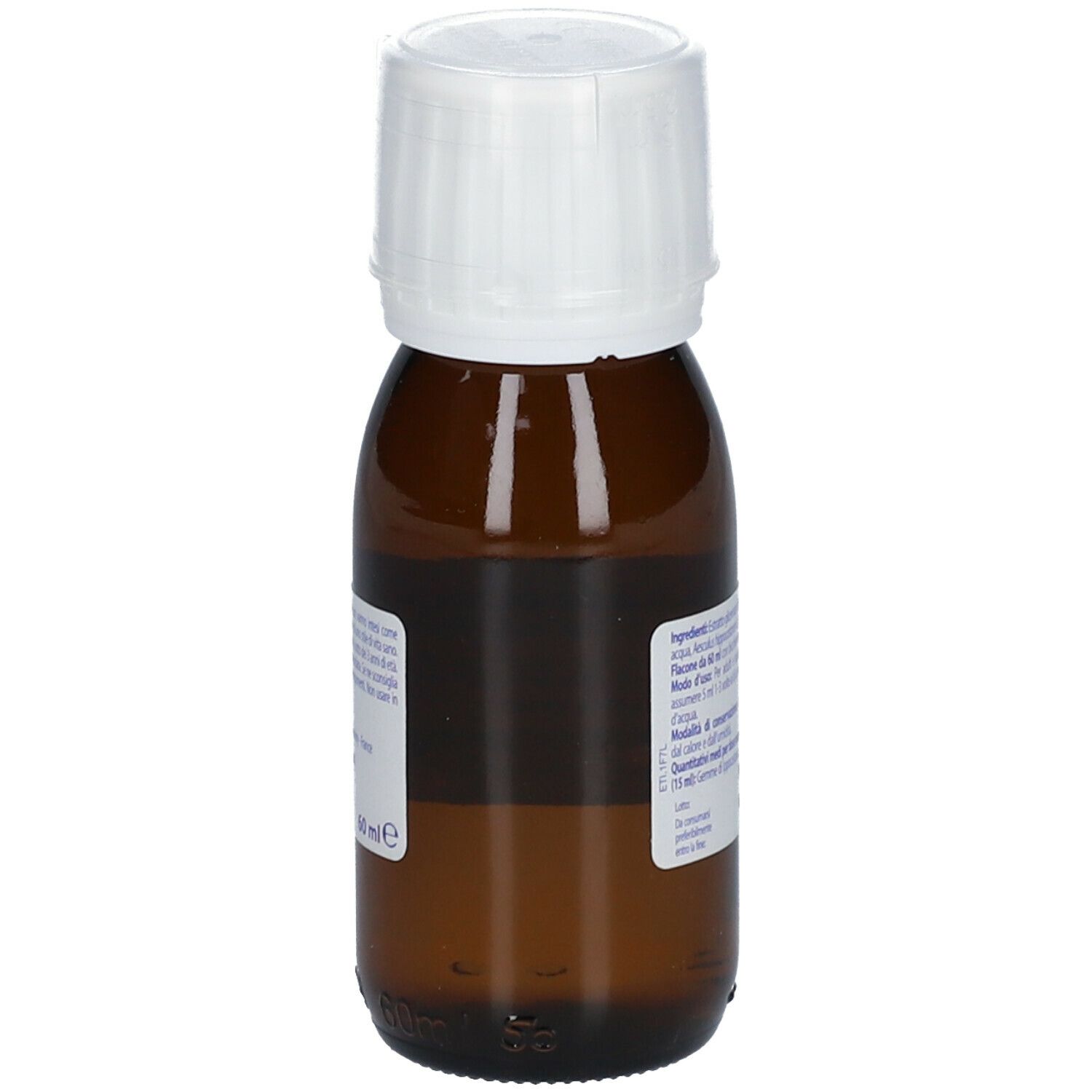Flacone di vetro marrone con tappo bianco. L'etichetta indica ingredienti e volume.