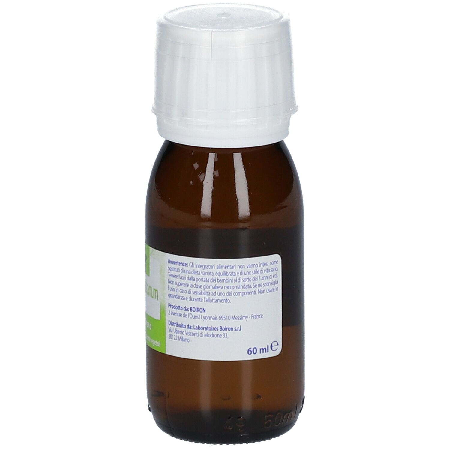 Flacone di vetro marrone con tappo bianco. L'etichetta indica: 60 ml.