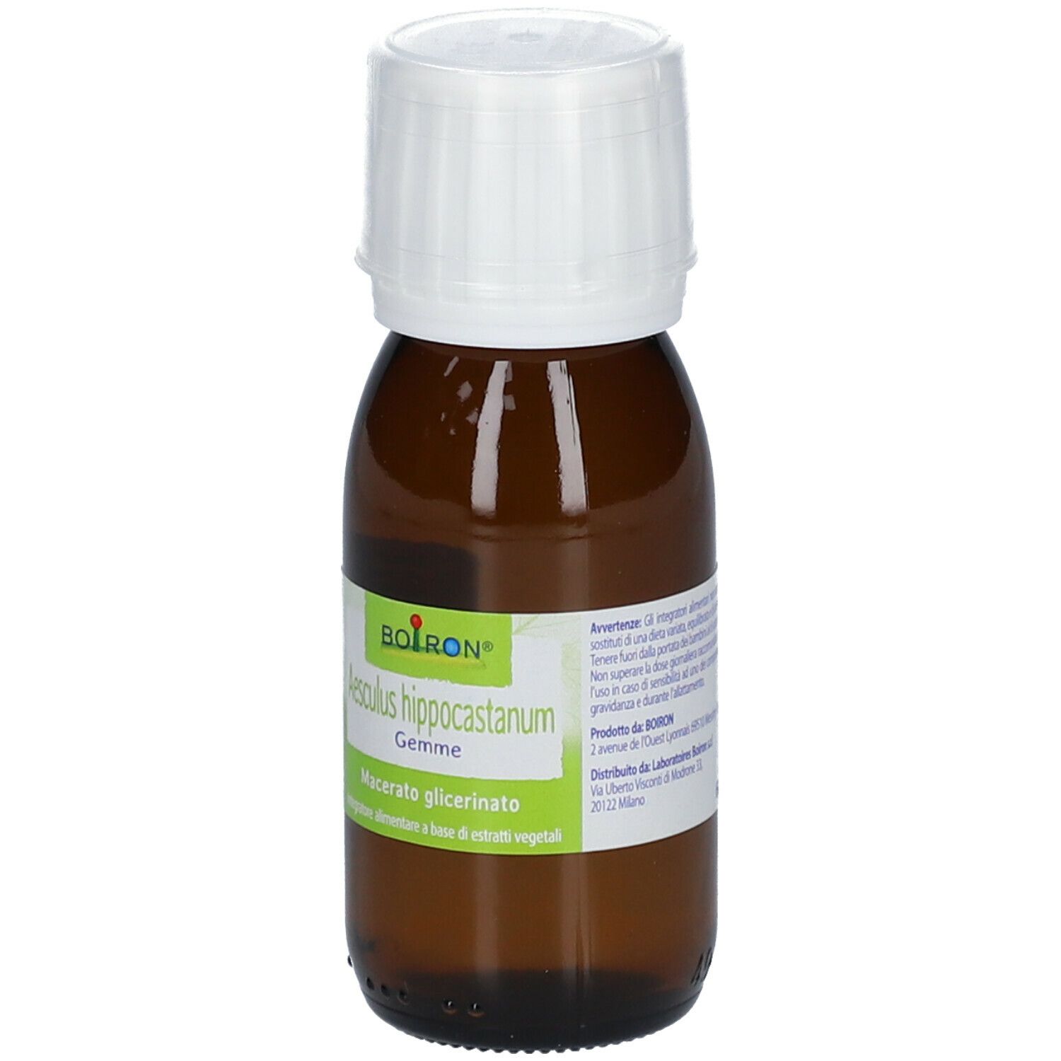 Flacone di vetro marrone con tappo bianco. L'etichetta indica: Aesculus hippocastanum Gemme.