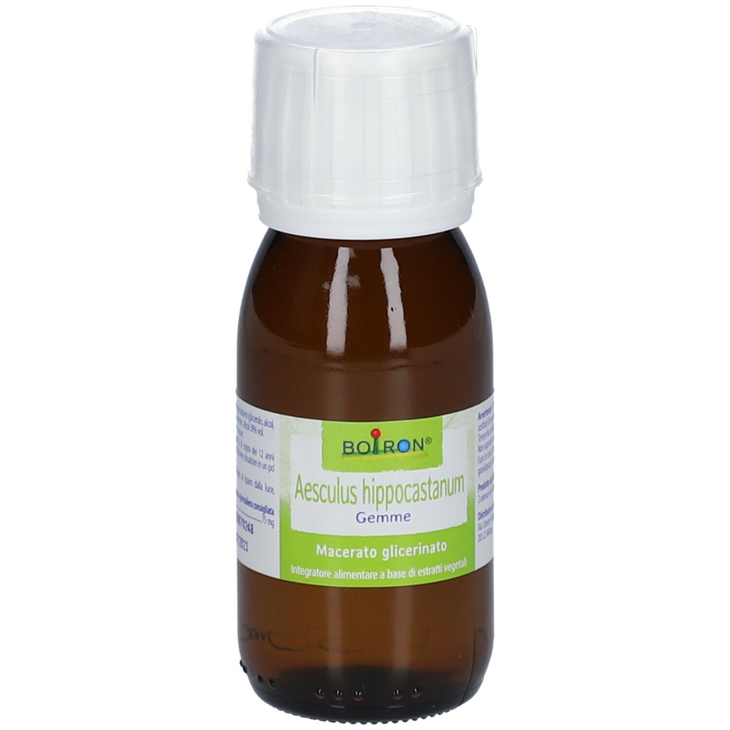 Flacone di vetro marrone con tappo bianco. L'etichetta indica: Aesculus hippocastanum Gemme.