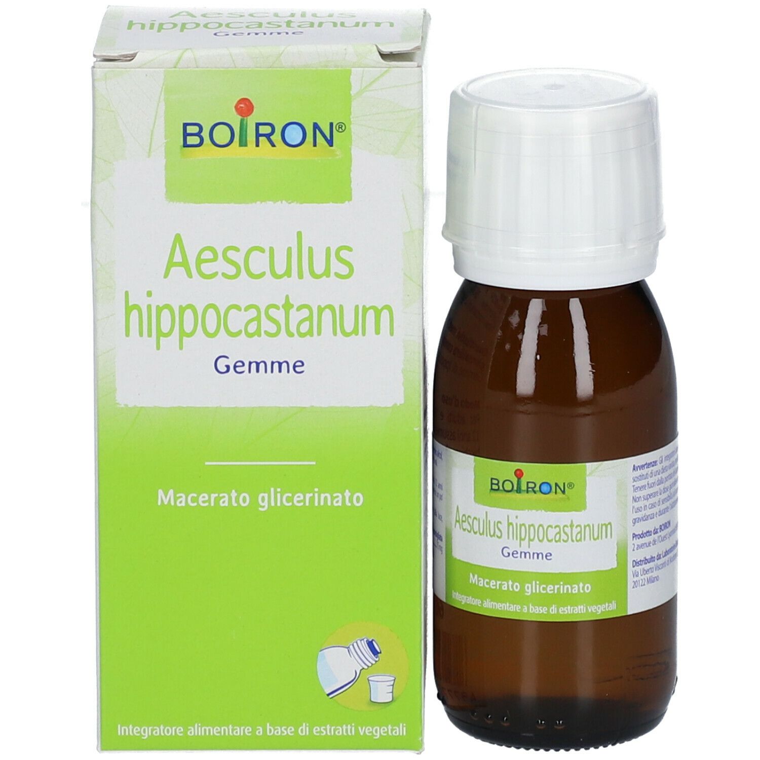 Flacone di vetro marrone con tappo bianco e scatola verde. Sul flacone e sulla scatola: Aesculus hippocastanum Gemme.
