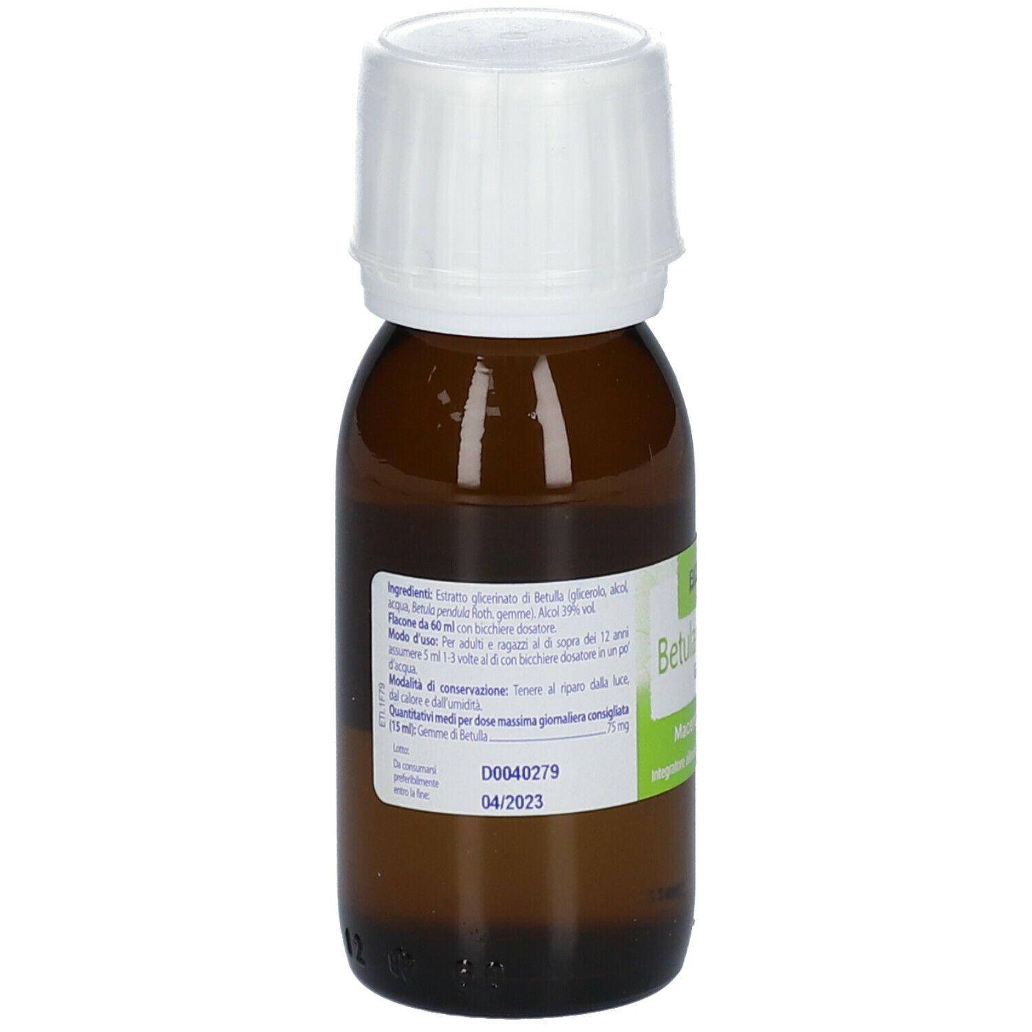 Flacone di vetro marrone con tappo bianco. Etichetta con informazioni sul prodotto, inclusi ingredienti e data di scadenza.