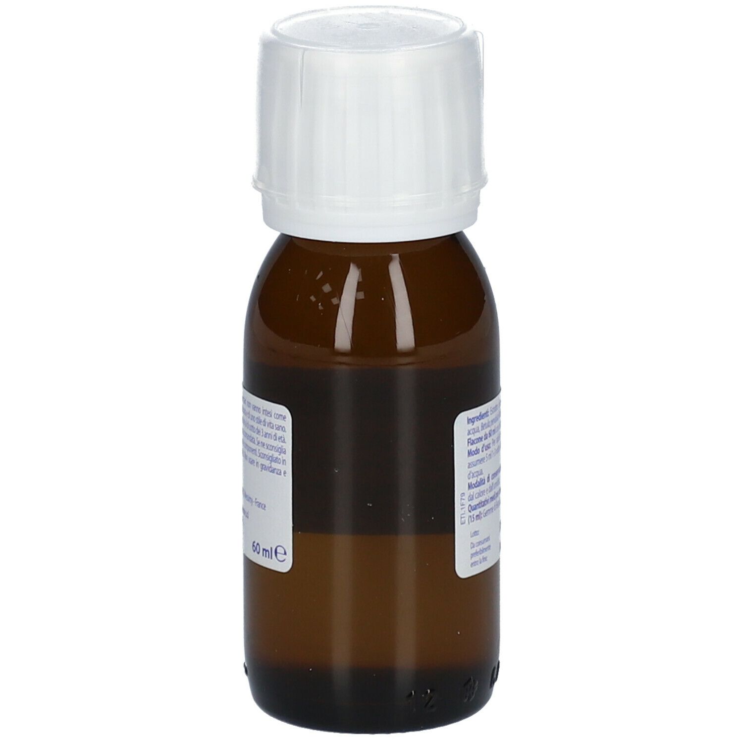 Flacone di vetro marrone con tappo bianco. Etichetta con informazioni sul prodotto, inclusi ingredienti e volume.