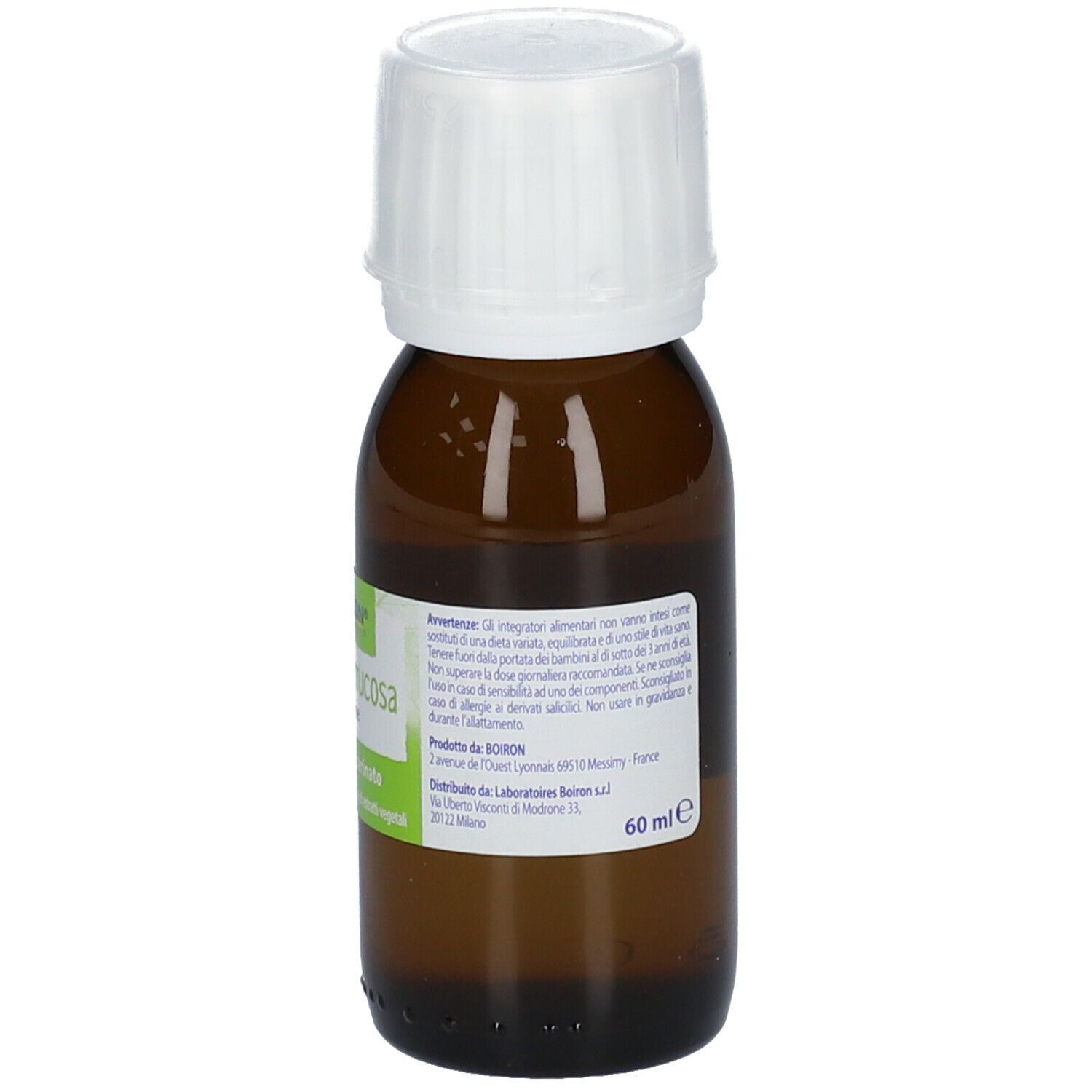 Flacone di vetro marrone con tappo bianco. Etichetta con informazioni sul prodotto, inclusi volume e produttore.